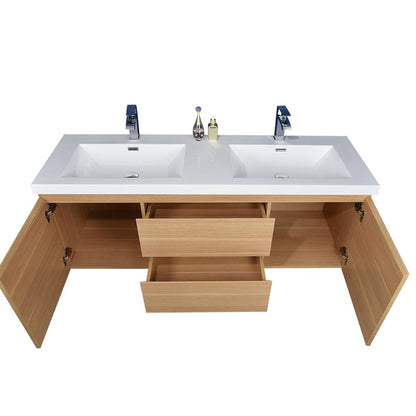 Moreno Bath Bohemia Lina 60" White Oak Wall-Mounted Vanity With Double Reinforced White Acrylic Sinks