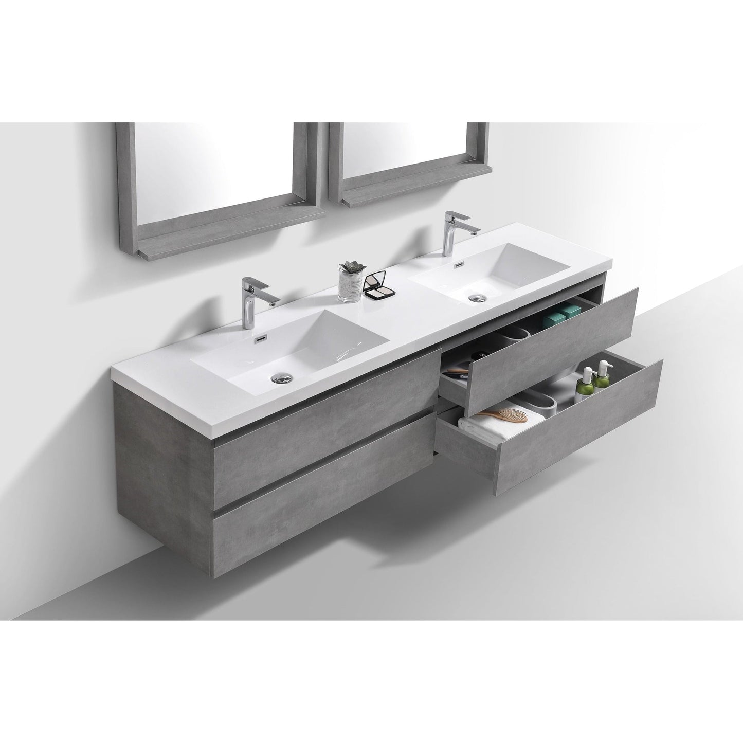 Moreno Bath Bohemia Lina 72" Cement Gray Wall-Mounted Vanity With Double Reinforced White Acrylic Sinks