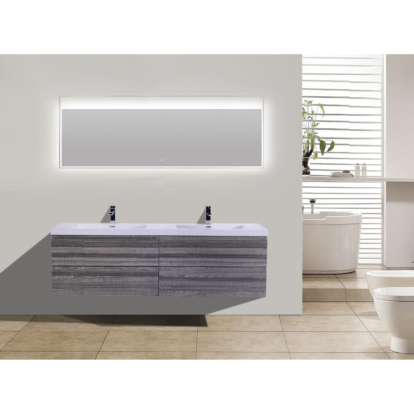 Moreno Bath Bohemia Lina 72" High Gloss Ash Gray Wall-Mounted Vanity With Double Reinforced White Acrylic Sinks