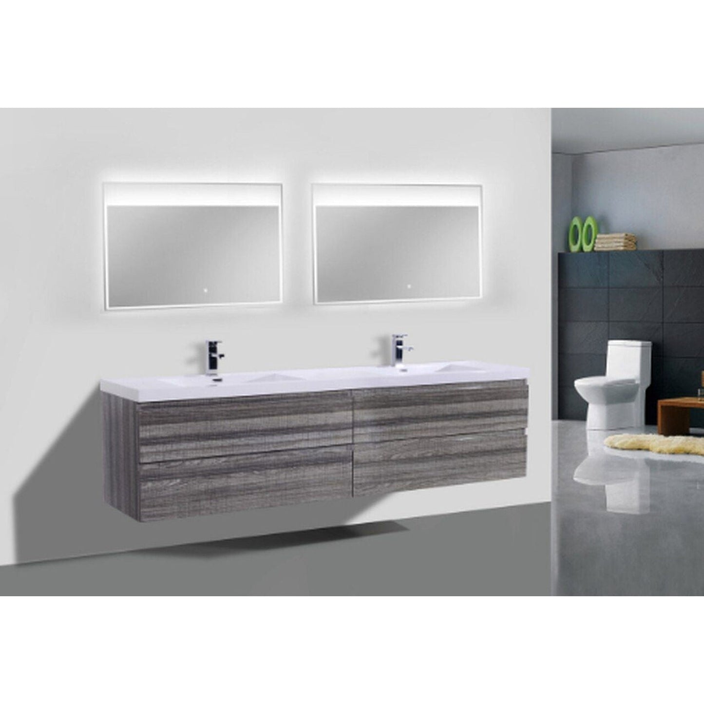 Moreno Bath Bohemia Lina 72" High Gloss Ash Gray Wall-Mounted Vanity With Double Reinforced White Acrylic Sinks