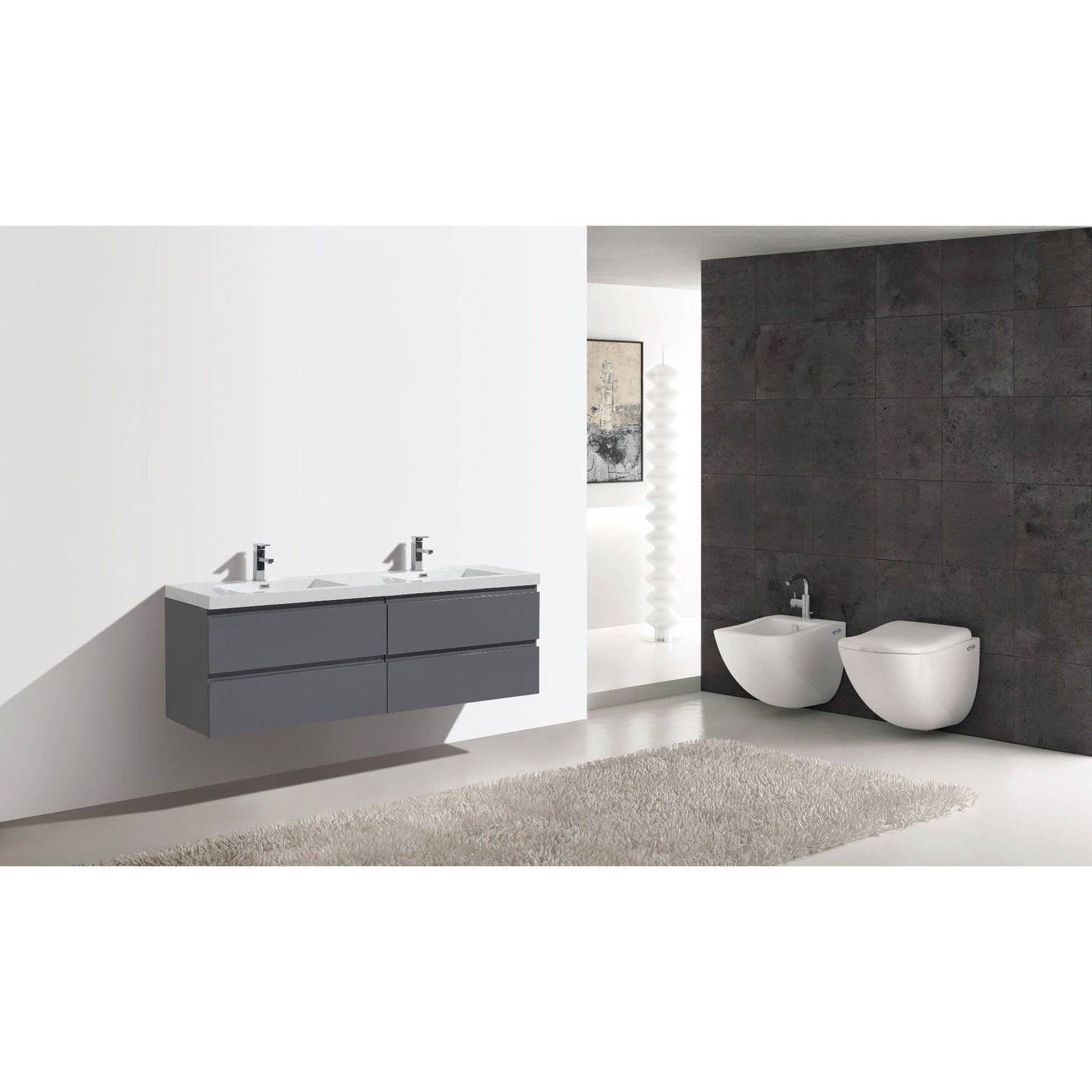 Moreno Bath Bohemia Lina 72" High Gloss Gray Wall-Mounted Vanity With Double Reinforced White Acrylic Sinks