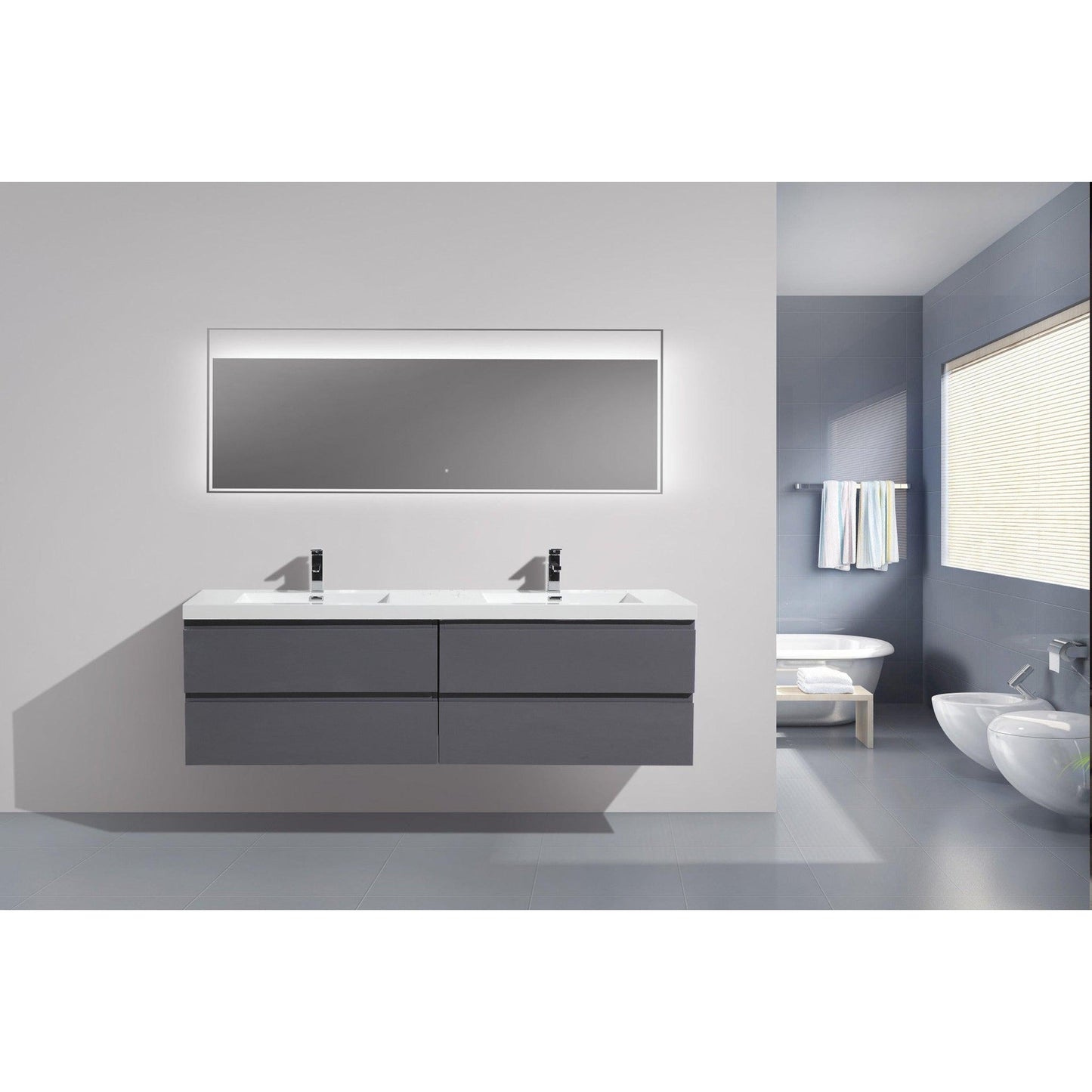 Moreno Bath Bohemia Lina 72" High Gloss Gray Wall-Mounted Vanity With Double Reinforced White Acrylic Sinks