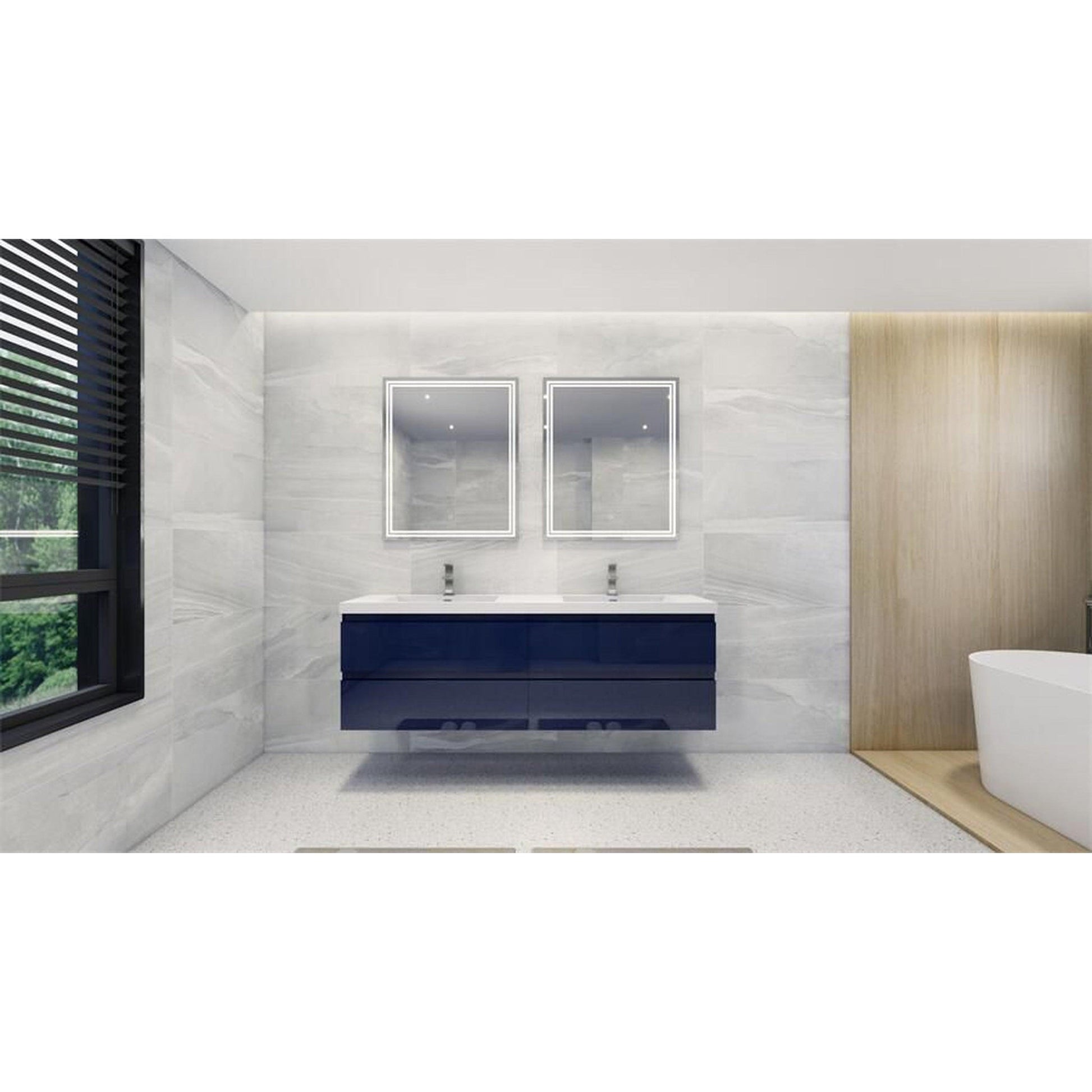 Moreno Bath Bohemia Lina 72" High Gloss Night Blue Wall-Mounted Vanity With Double Reinforced White Acrylic Sinks