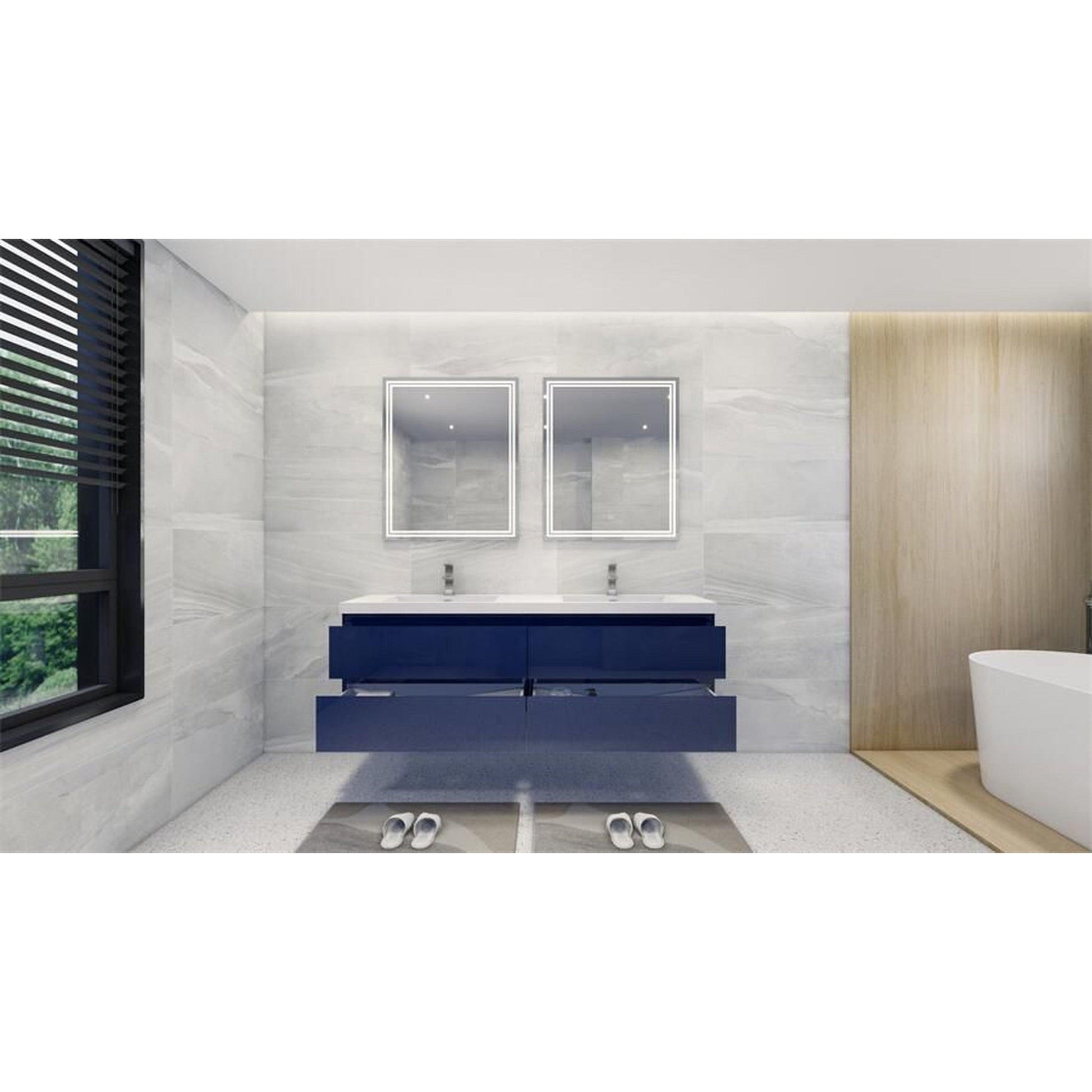 Moreno Bath Bohemia Lina 72" High Gloss Night Blue Wall-Mounted Vanity With Double Reinforced White Acrylic Sinks