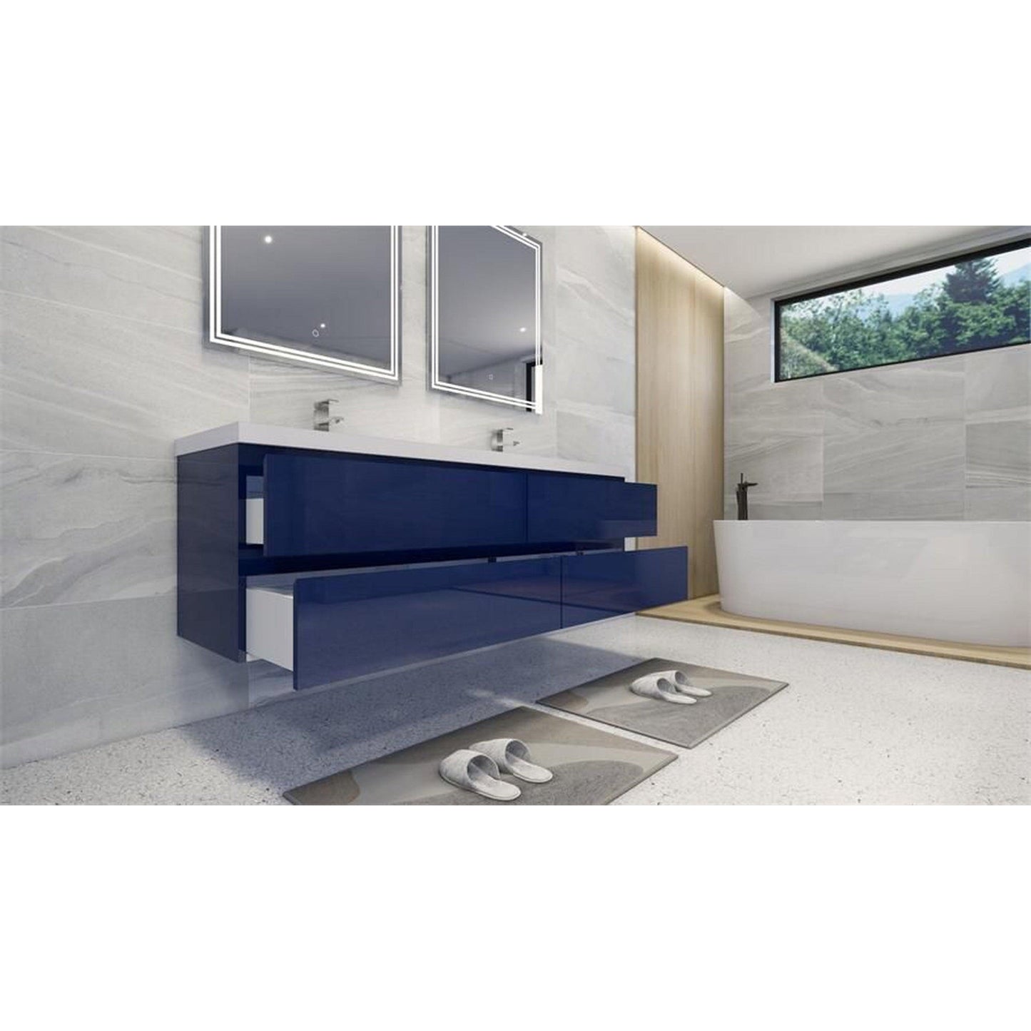 Moreno Bath Bohemia Lina 72" High Gloss Night Blue Wall-Mounted Vanity With Double Reinforced White Acrylic Sinks