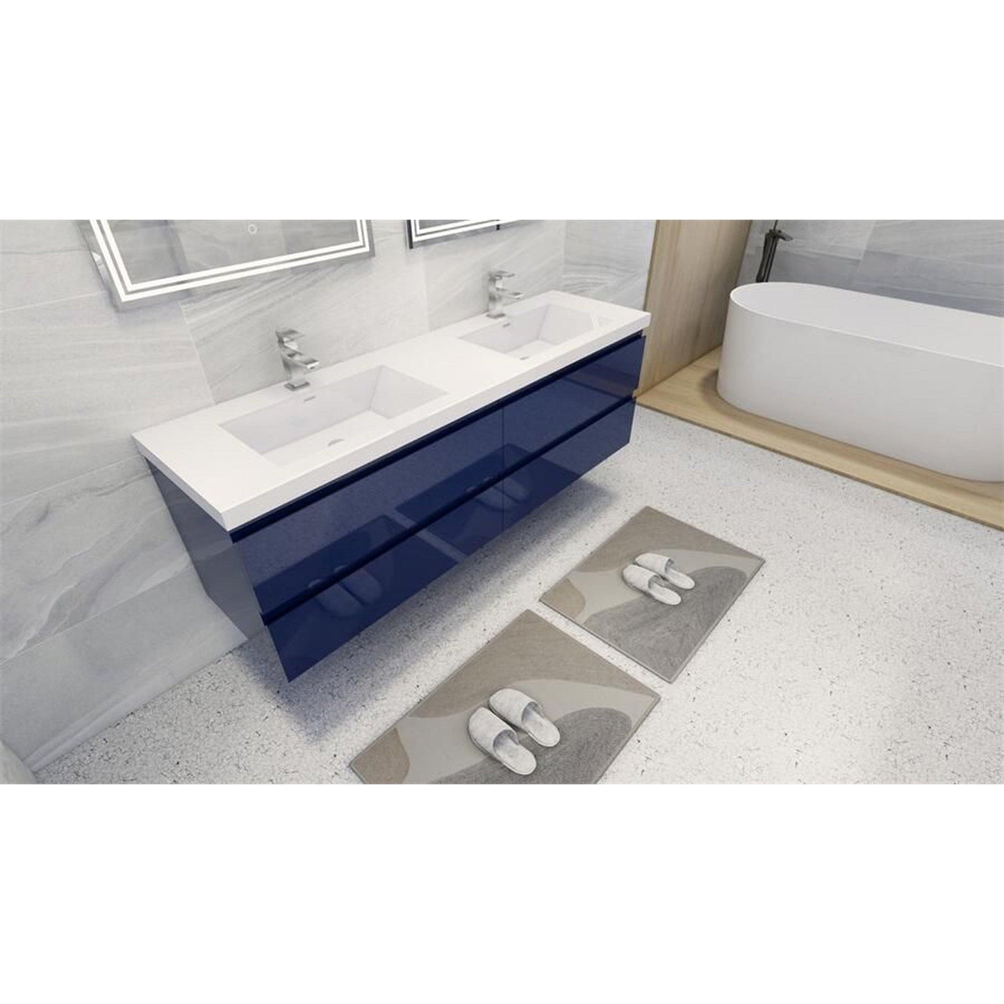 Moreno Bath Bohemia Lina 72" High Gloss Night Blue Wall-Mounted Vanity With Double Reinforced White Acrylic Sinks