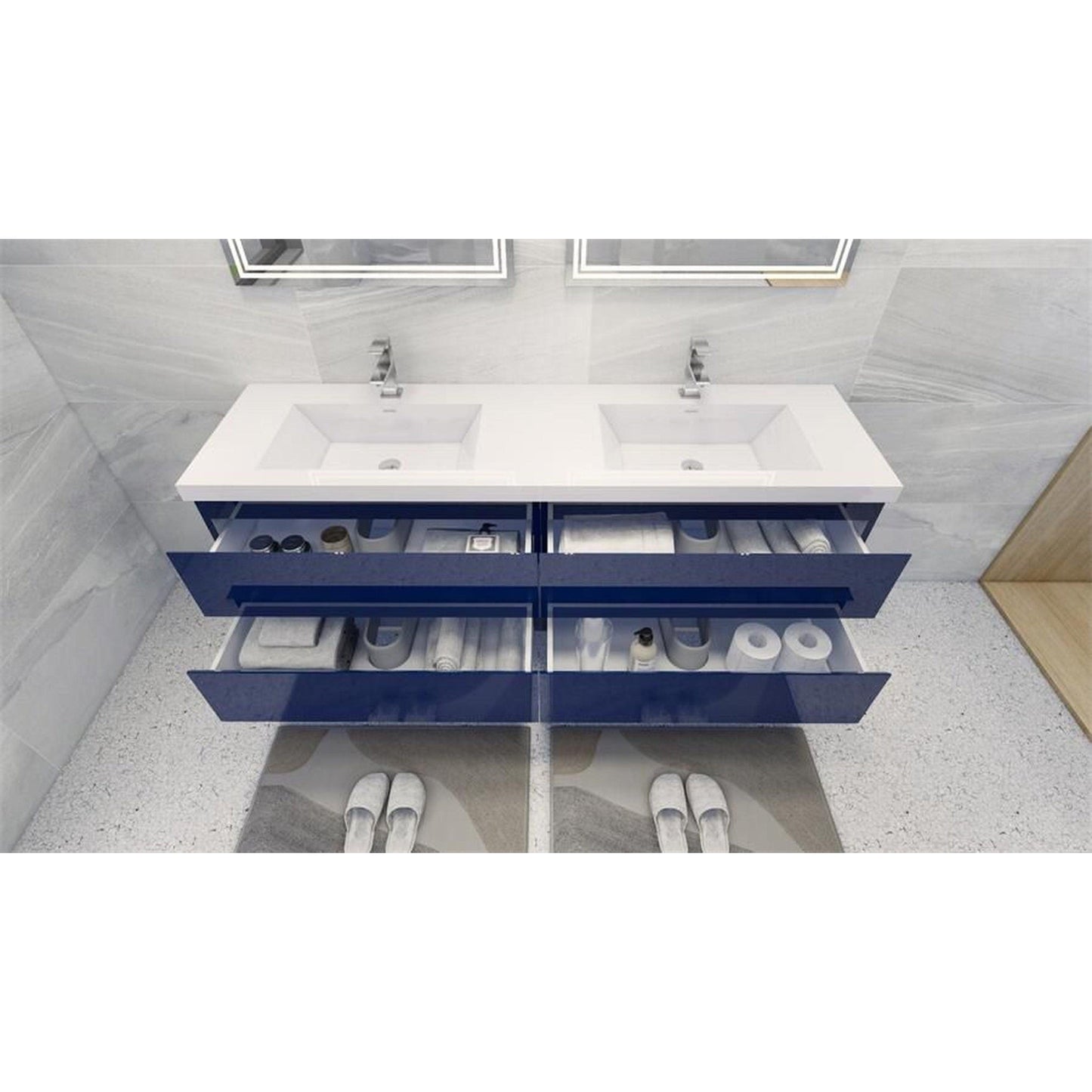 Moreno Bath Bohemia Lina 72" High Gloss Night Blue Wall-Mounted Vanity With Double Reinforced White Acrylic Sinks