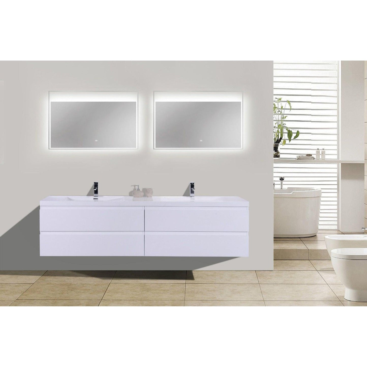 Moreno Bath Bohemia Lina 72" High Gloss White Wall-Mounted Vanity With Double Reinforced White Acrylic Sinks