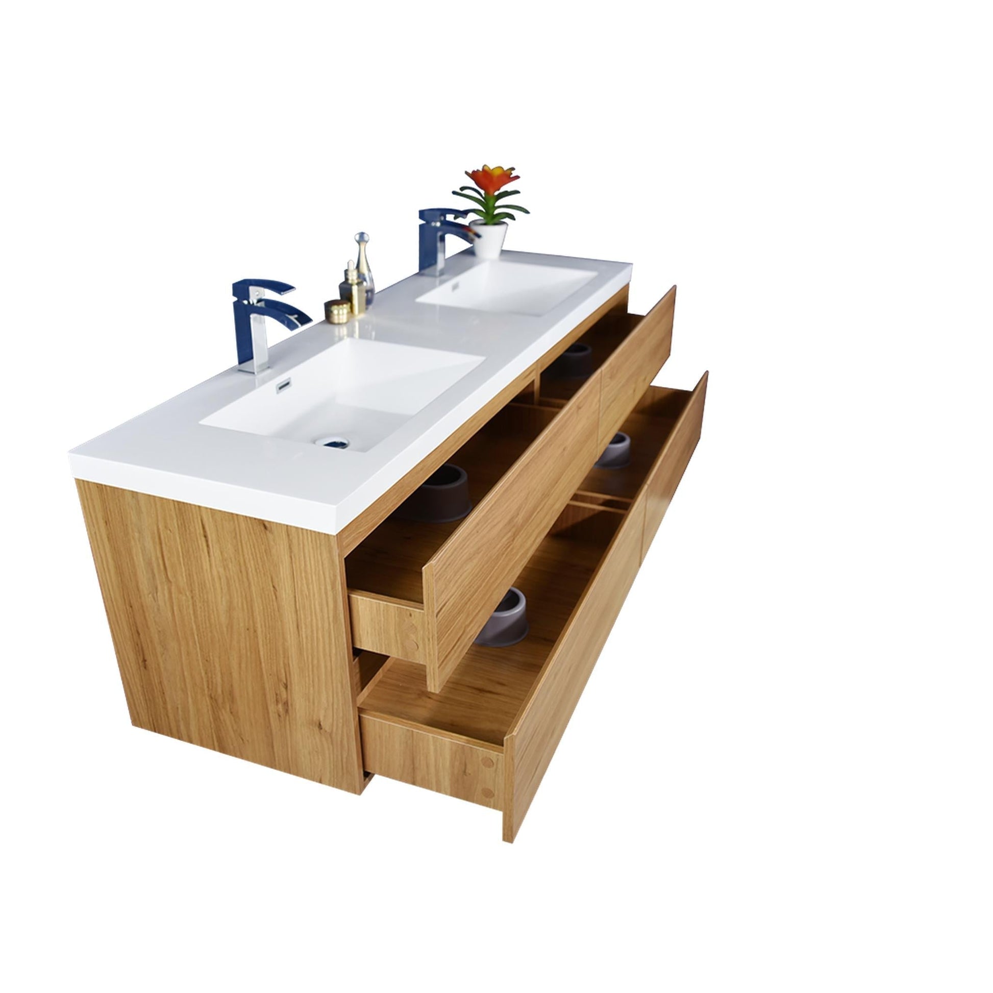 Moreno Bath Bohemia Lina 72" Nature Oak Wall-Mounted Vanity With Double Reinforced White Acrylic Sinks