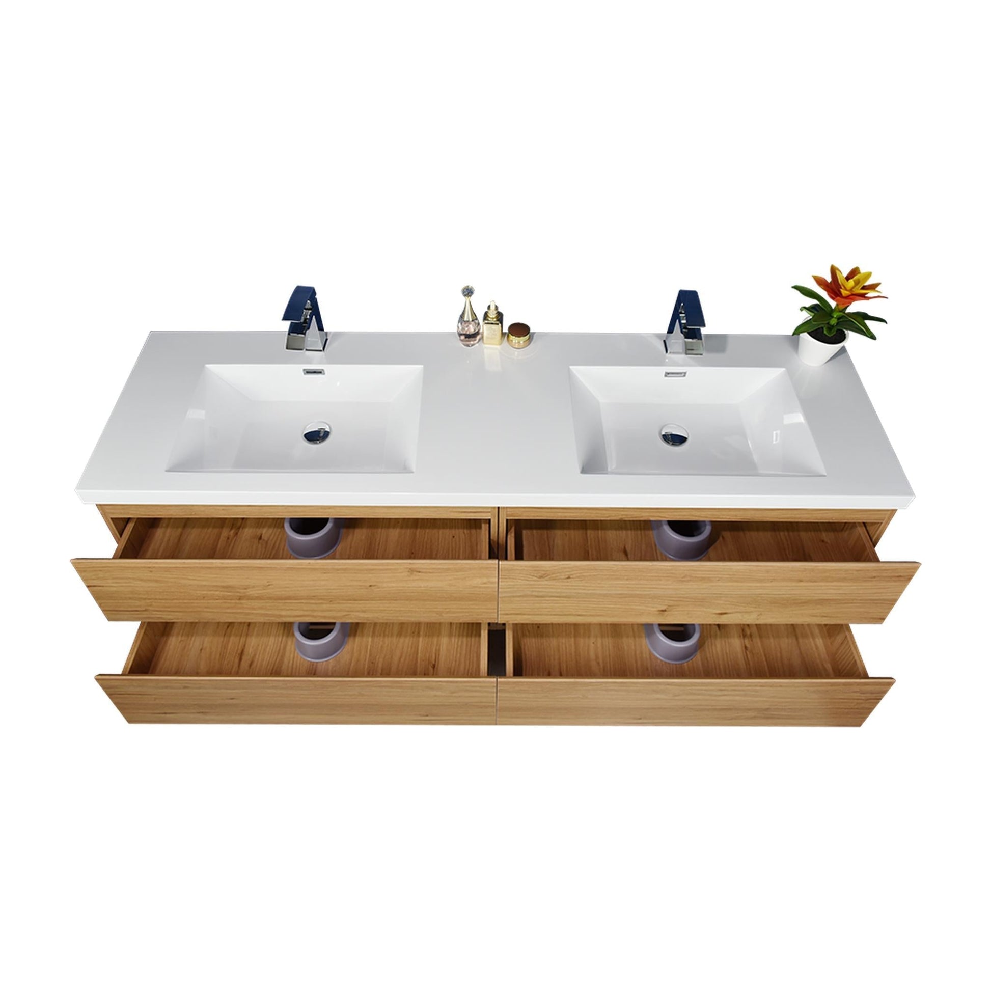 Moreno Bath Bohemia Lina 72" Nature Oak Wall-Mounted Vanity With Double Reinforced White Acrylic Sinks