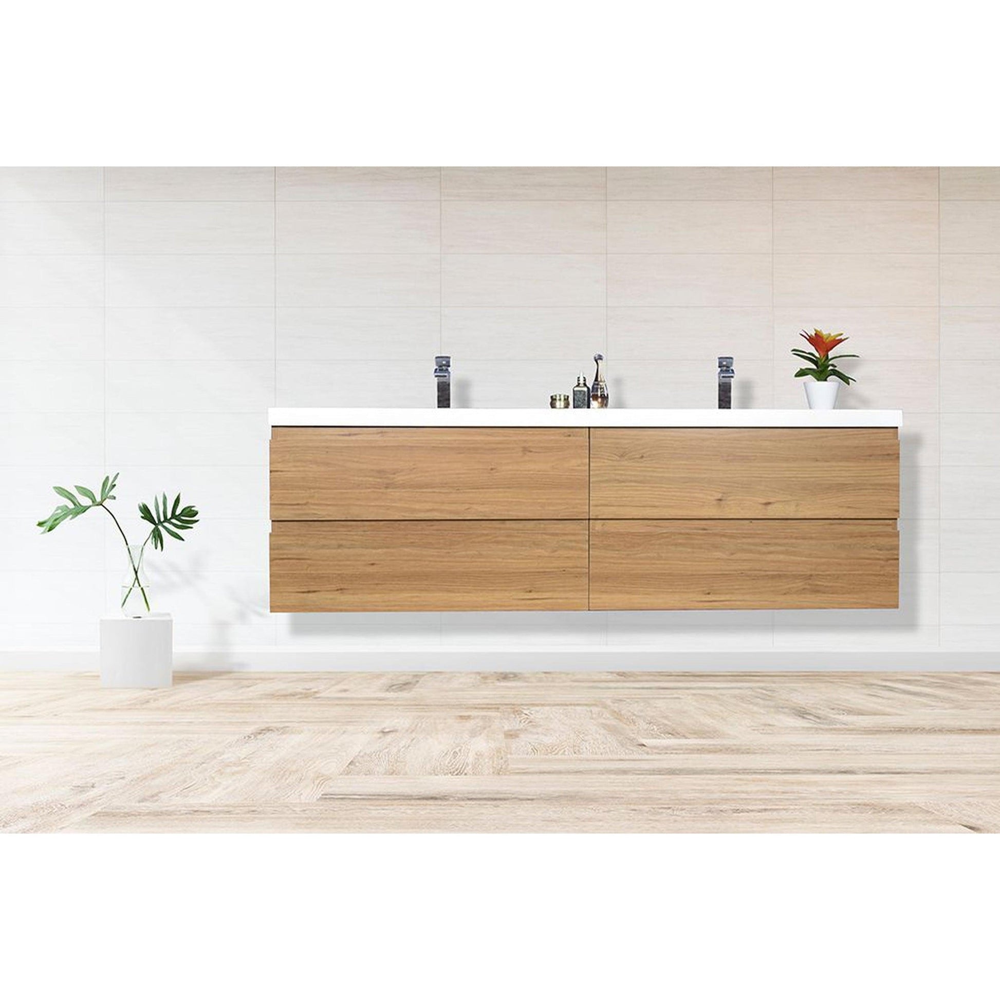 Moreno Bath Bohemia Lina 72" Nature Oak Wall-Mounted Vanity With Double Reinforced White Acrylic Sinks