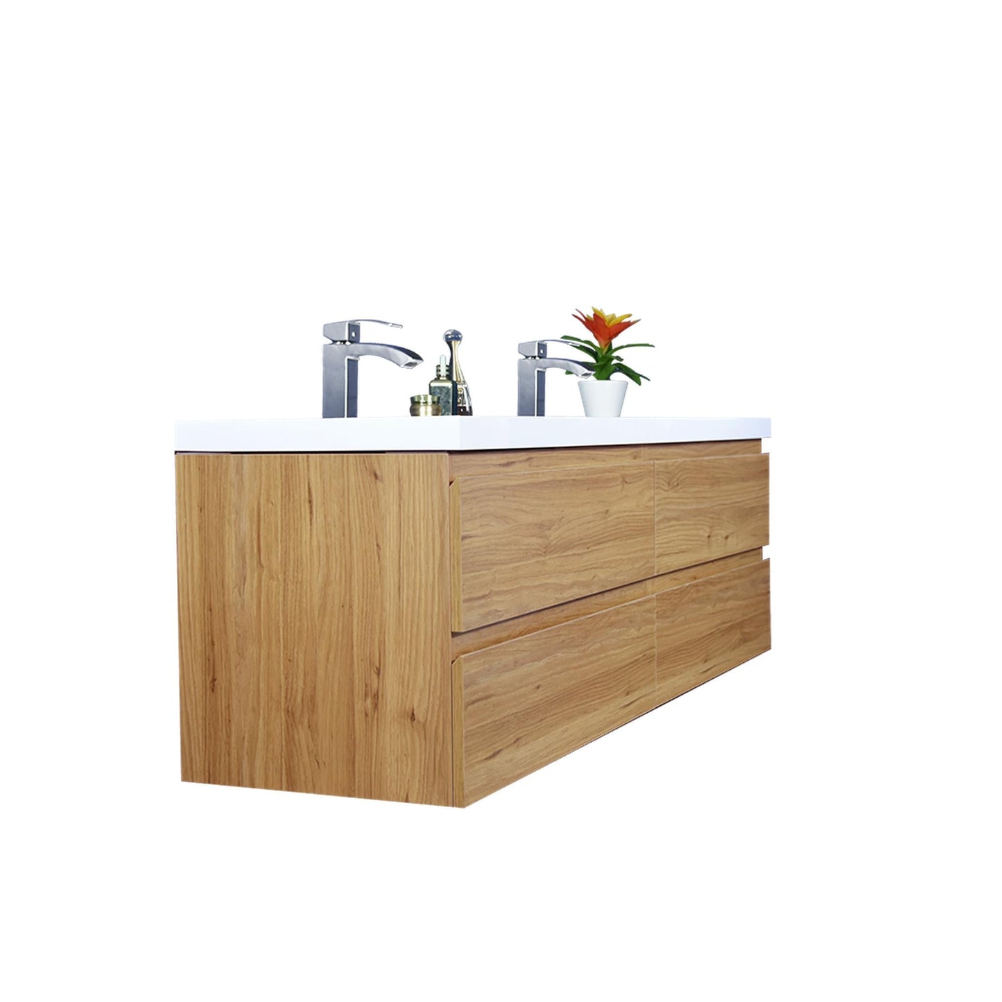 Moreno Bath Bohemia Lina 72" Nature Oak Wall-Mounted Vanity With Double Reinforced White Acrylic Sinks