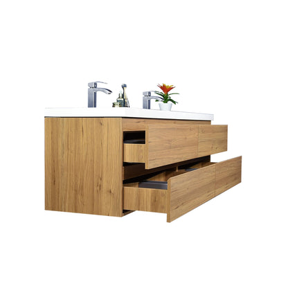 Moreno Bath Bohemia Lina 72" Nature Oak Wall-Mounted Vanity With Double Reinforced White Acrylic Sinks