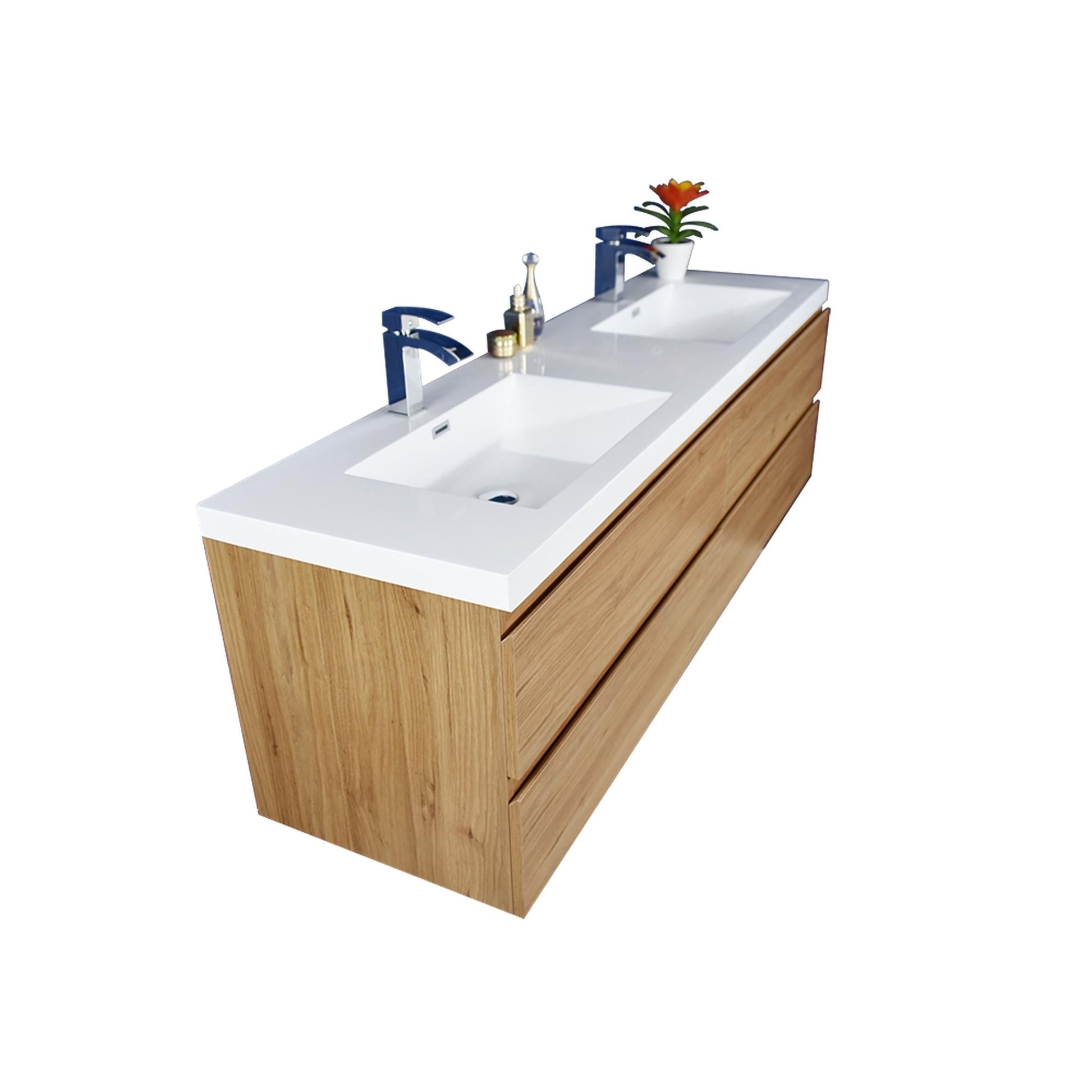 Moreno Bath Bohemia Lina 72" Nature Oak Wall-Mounted Vanity With Double Reinforced White Acrylic Sinks