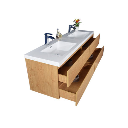 Moreno Bath Bohemia Lina 72" New England Oak Wall-Mounted Vanity With Double Reinforced White Acrylic Sinks