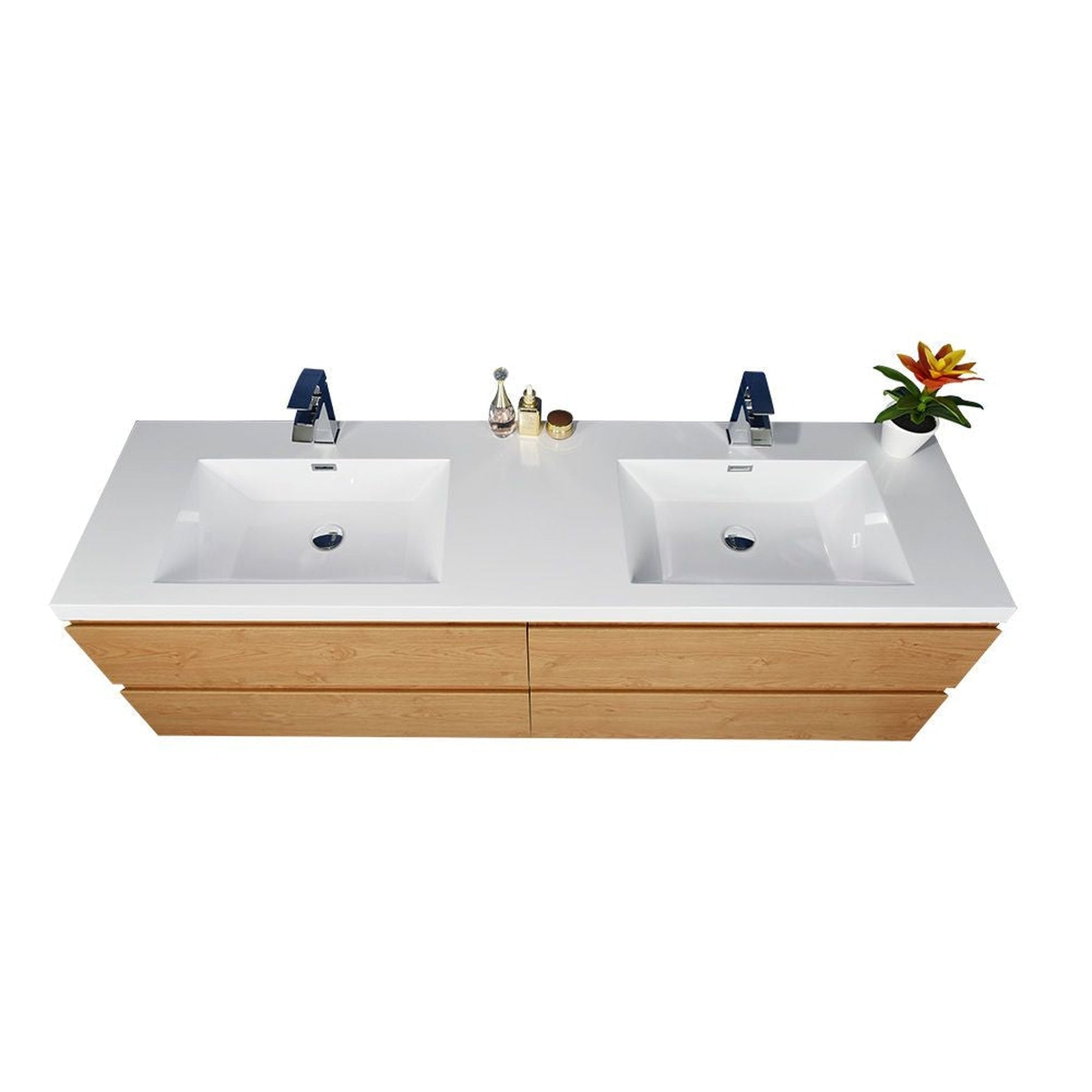 Moreno Bath Bohemia Lina 72" New England Oak Wall-Mounted Vanity With Double Reinforced White Acrylic Sinks