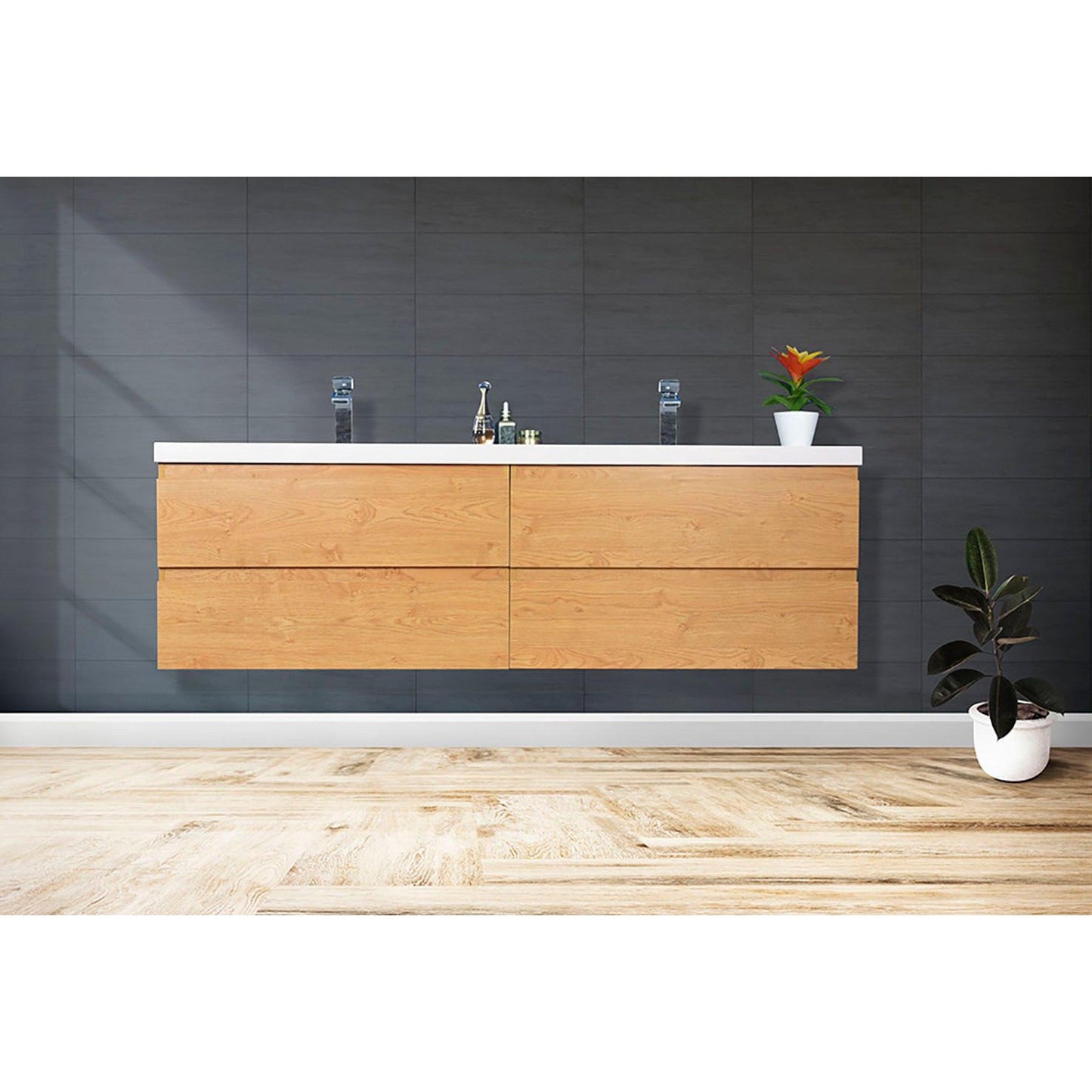 Moreno Bath Bohemia Lina 72" New England Oak Wall-Mounted Vanity With Double Reinforced White Acrylic Sinks