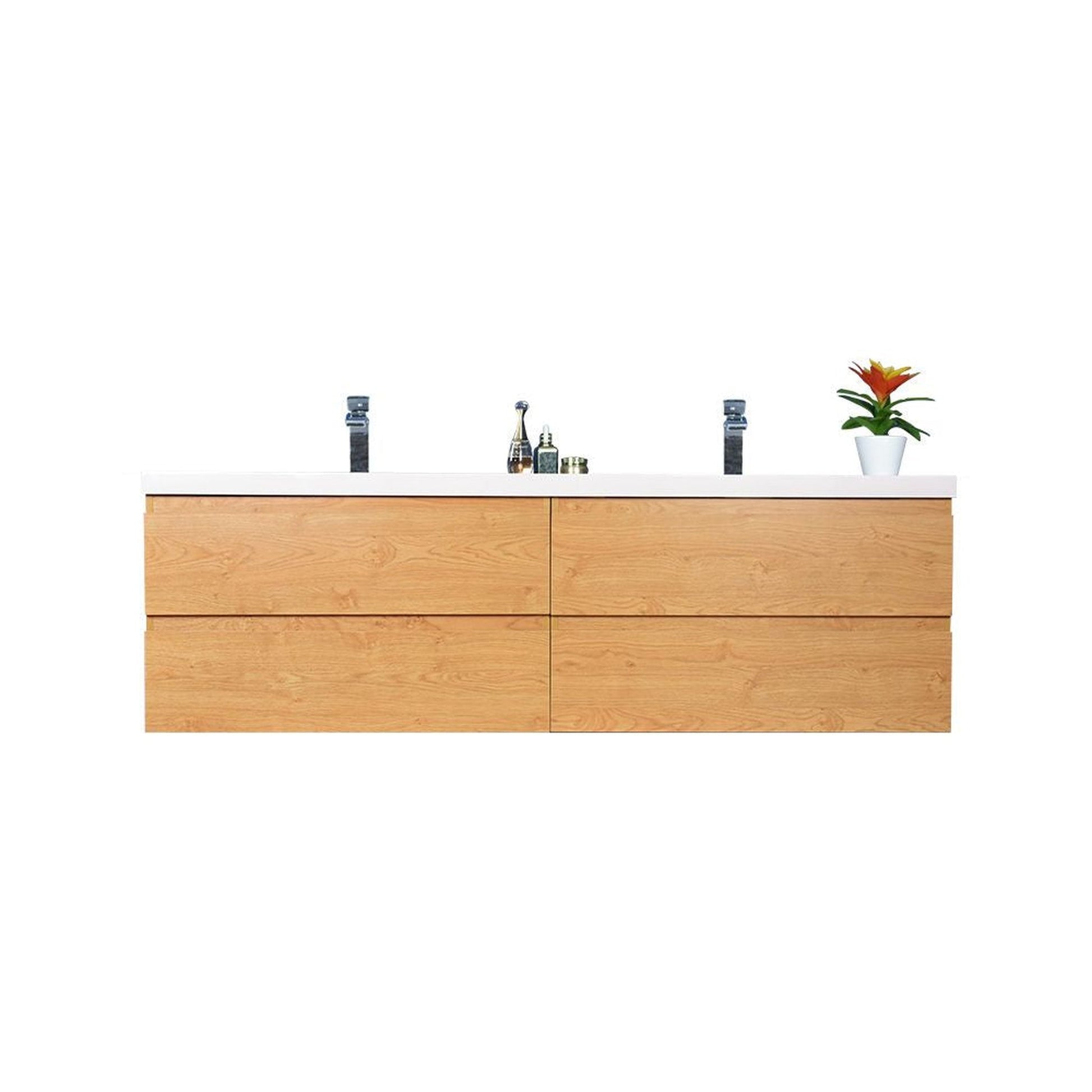 Moreno Bath Bohemia Lina 72" New England Oak Wall-Mounted Vanity With Double Reinforced White Acrylic Sinks