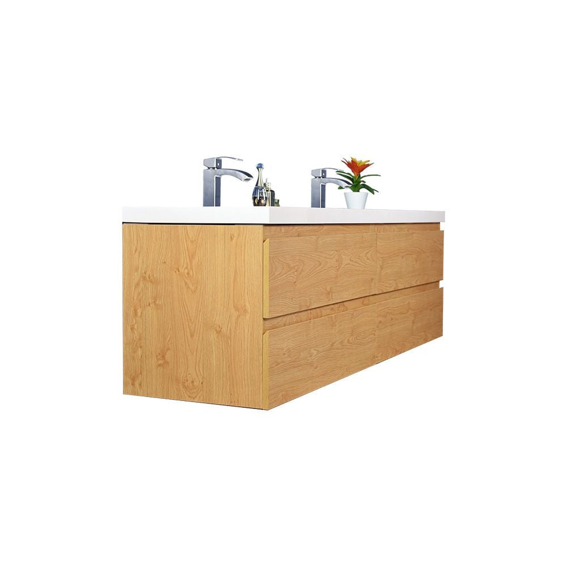 Moreno Bath Bohemia Lina 72" New England Oak Wall-Mounted Vanity With Double Reinforced White Acrylic Sinks