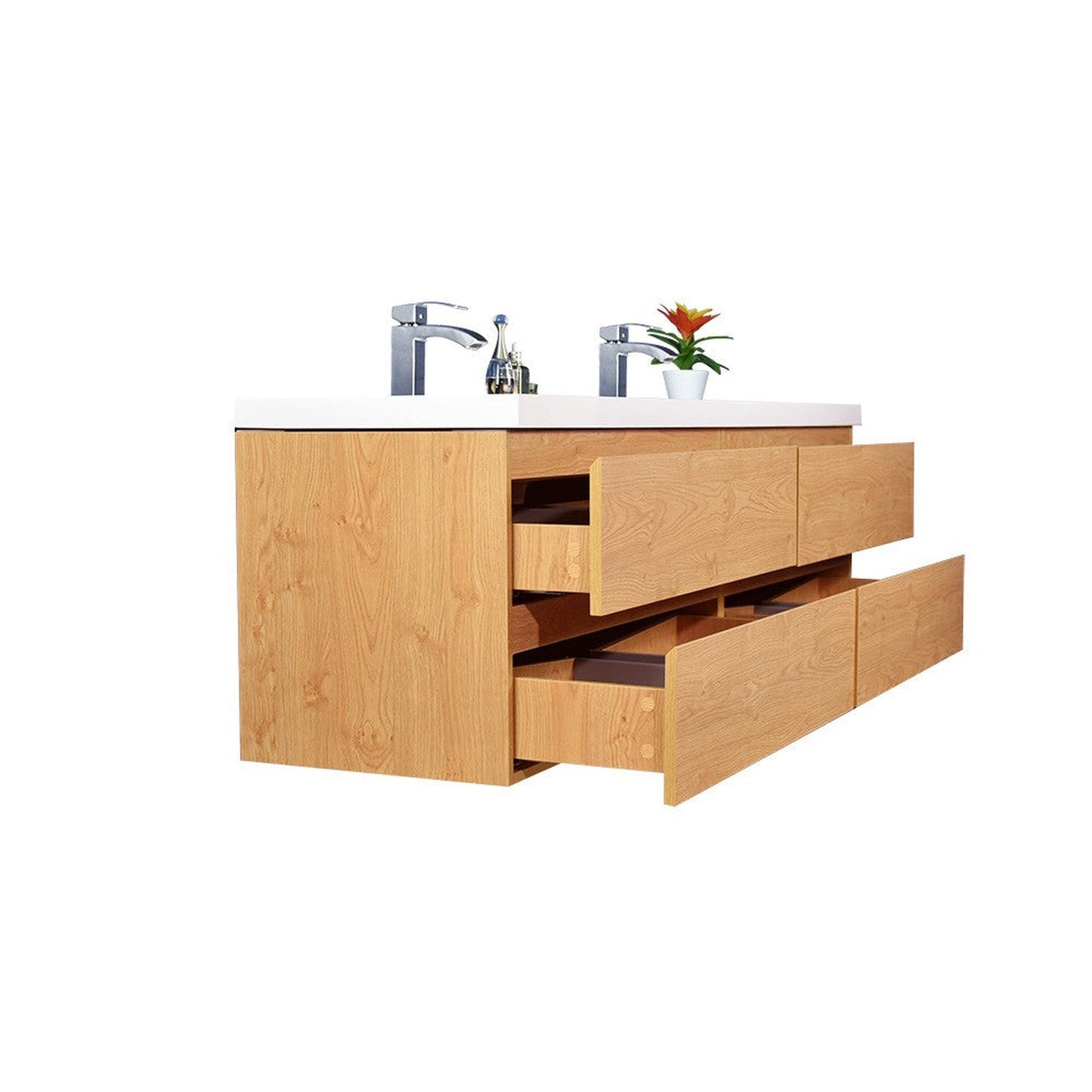 Moreno Bath Bohemia Lina 72" New England Oak Wall-Mounted Vanity With Double Reinforced White Acrylic Sinks