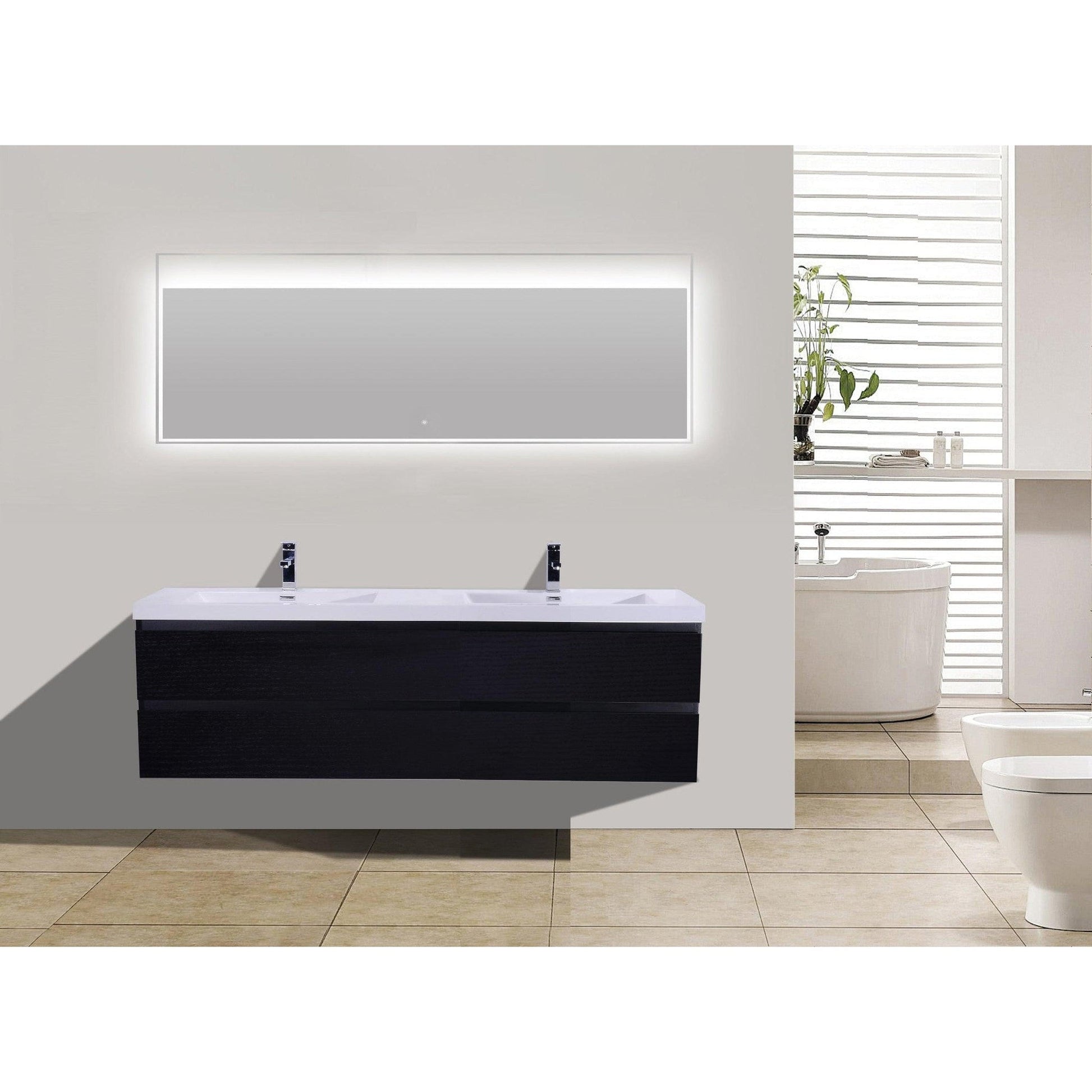 Moreno Bath Bohemia Lina 72" Rich Black Wall-Mounted Vanity With Double Reinforced White Acrylic Sinks