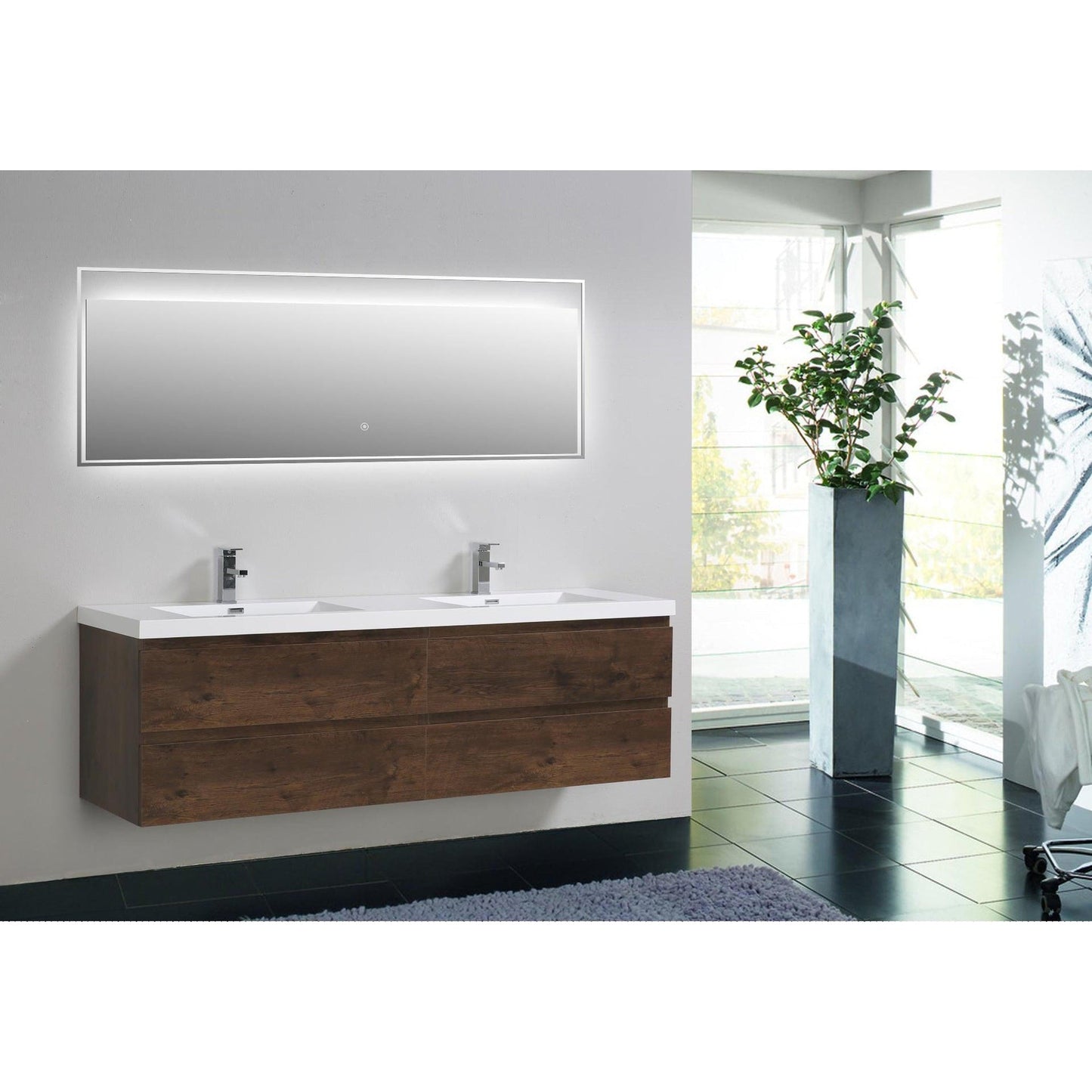 Moreno Bath Bohemia Lina 72" Rosewood Wall-Mounted Vanity With Double Reinforced White Acrylic Sinks
