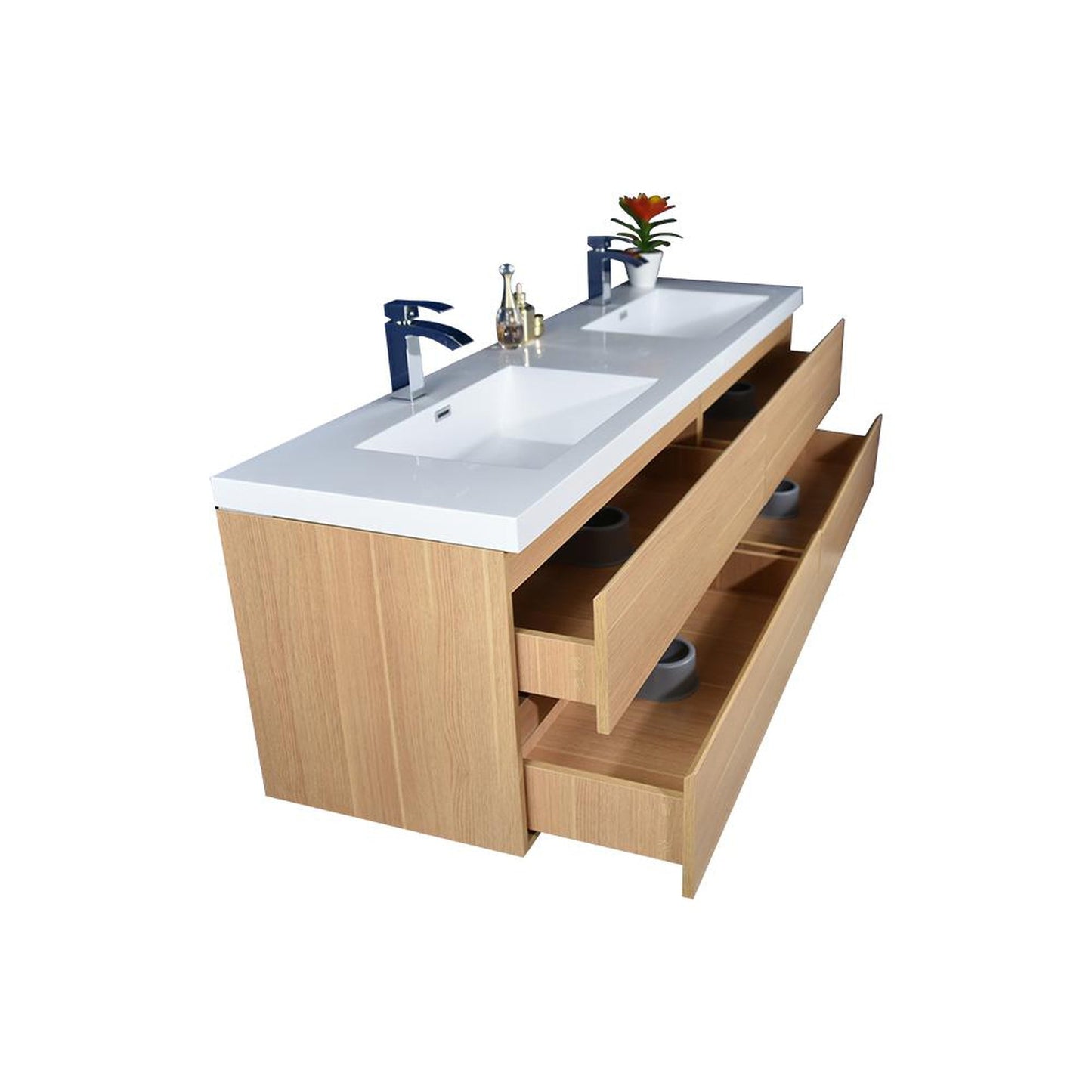 Moreno Bath Bohemia Lina 72" White Oak Wall-Mounted Vanity With Double Reinforced White Acrylic Sinks