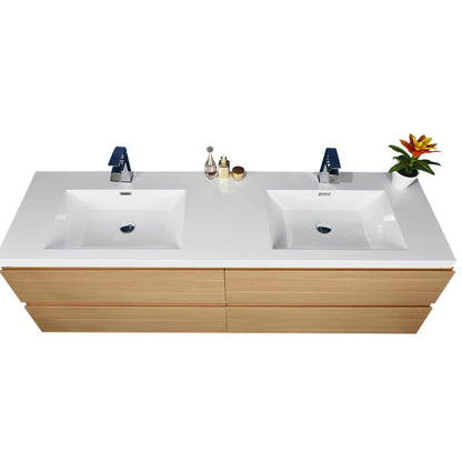 Moreno Bath Bohemia Lina 72" White Oak Wall-Mounted Vanity With Double Reinforced White Acrylic Sinks