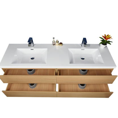 Moreno Bath Bohemia Lina 72" White Oak Wall-Mounted Vanity With Double Reinforced White Acrylic Sinks