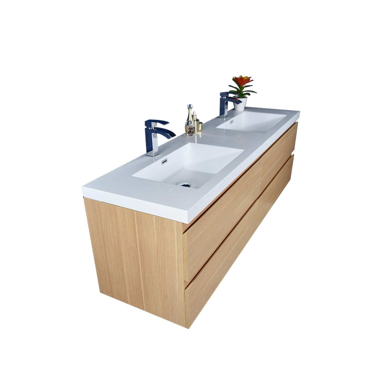 Moreno Bath Bohemia Lina 72" White Oak Wall-Mounted Vanity With Double Reinforced White Acrylic Sinks