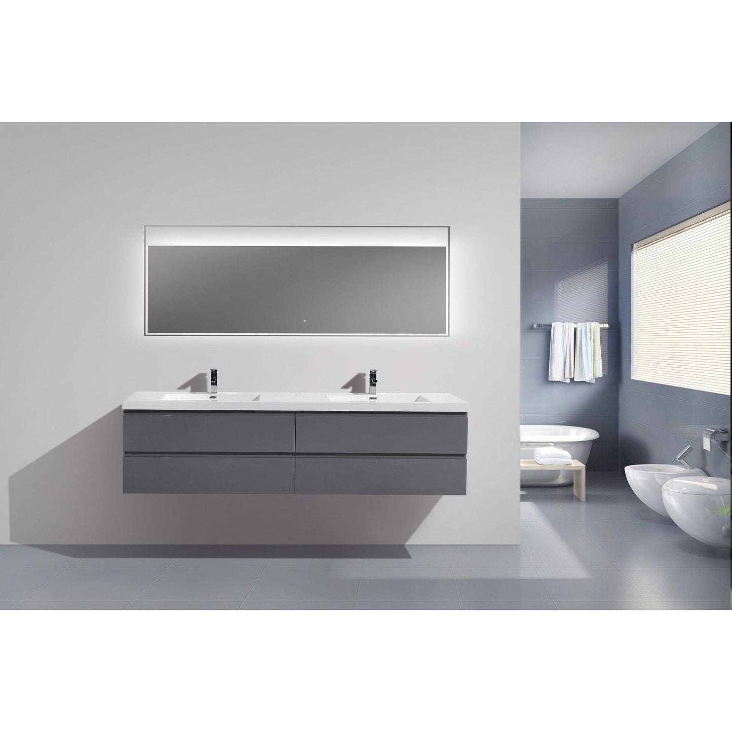 Moreno Bath Bohemia Lina 84" High Gloss Gray Wall-Mounted Vanity With Double Reinforced White Acrylic Sinks