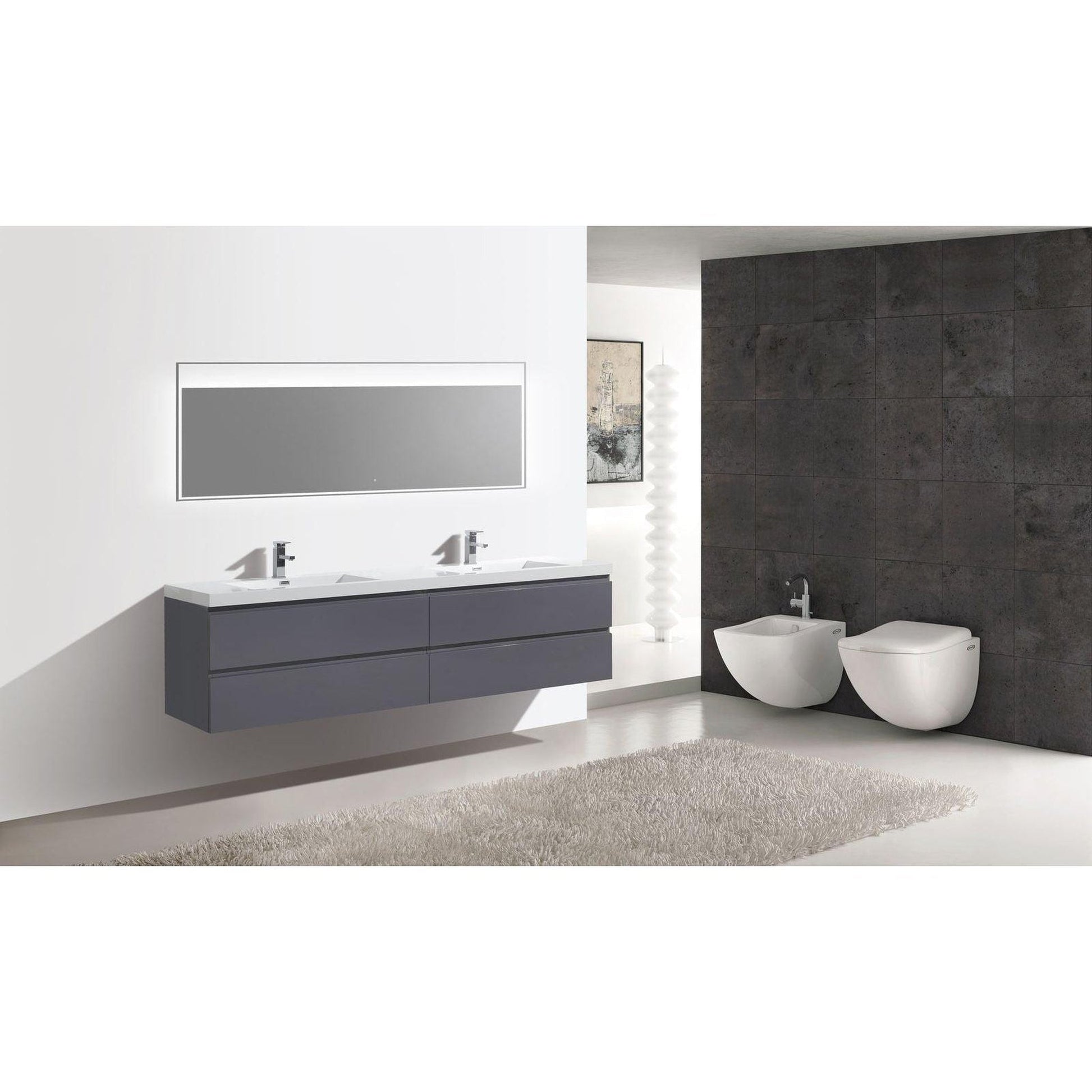 Moreno Bath Bohemia Lina 84" High Gloss Gray Wall-Mounted Vanity With Double Reinforced White Acrylic Sinks