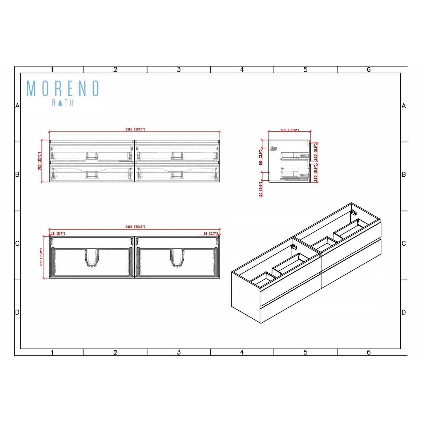 Moreno Bath Bohemia Lina 84" High Gloss Gray Wall-Mounted Vanity With Double Reinforced White Acrylic Sinks