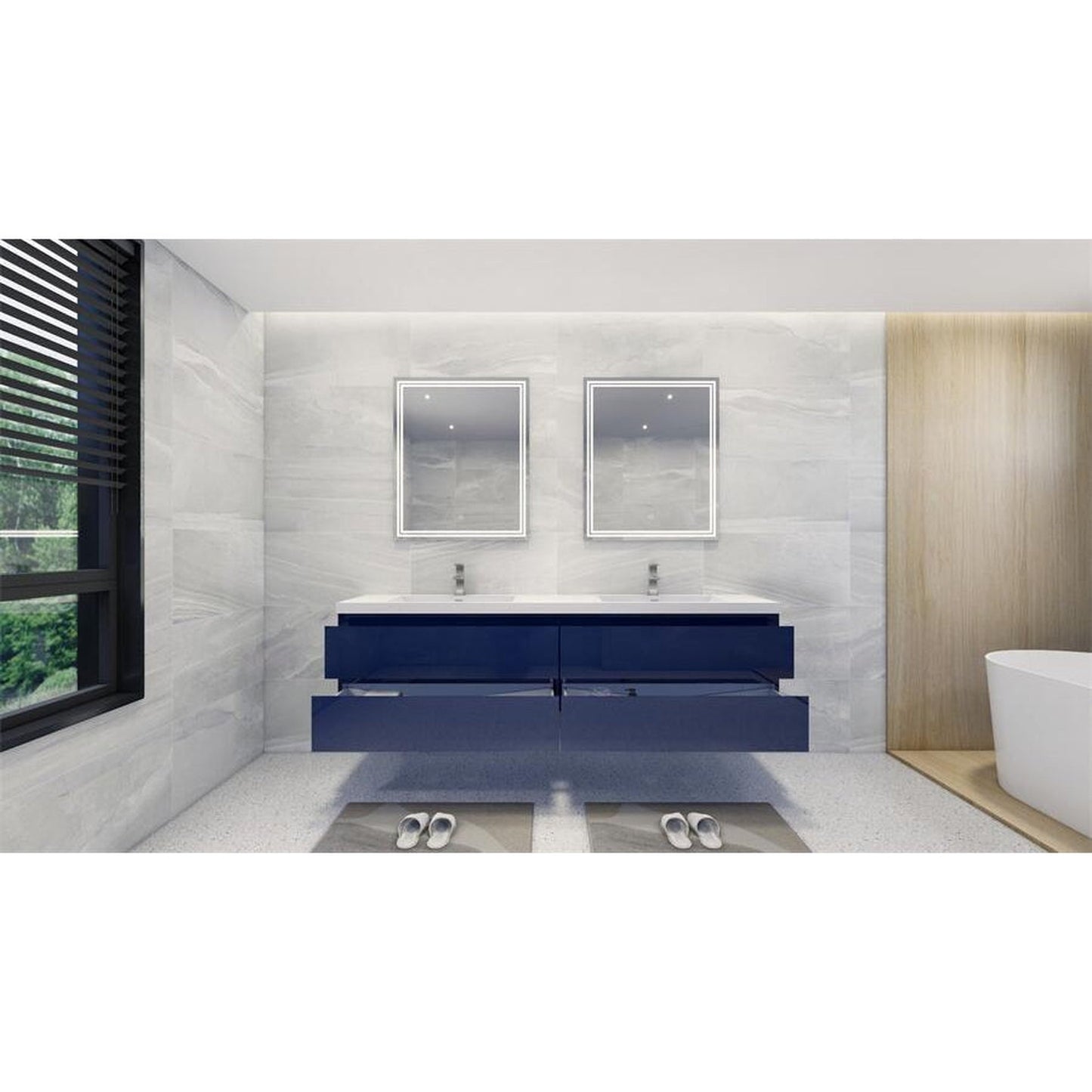 Moreno Bath Bohemia Lina 84" High Gloss Night Blue Wall-Mounted Vanity With Double Reinforced White Acrylic Sinks