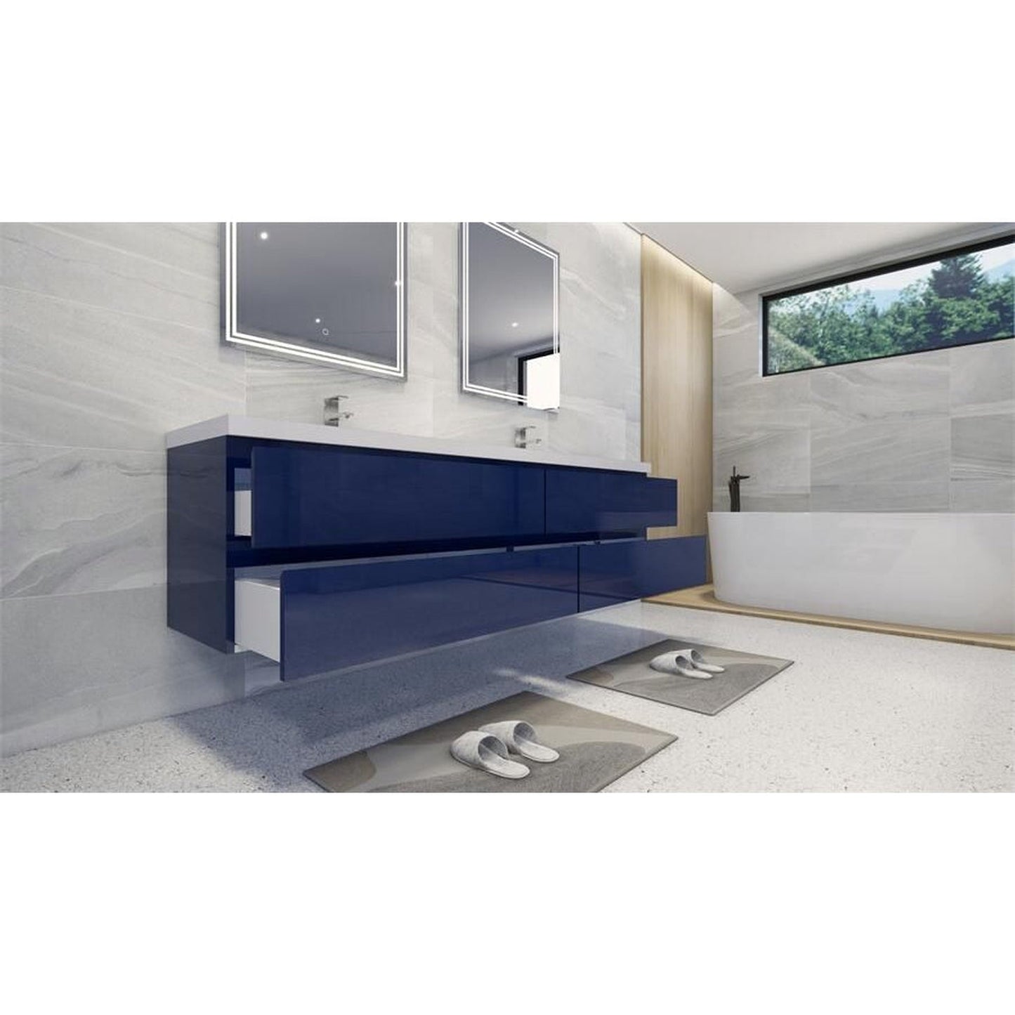 Moreno Bath Bohemia Lina 84" High Gloss Night Blue Wall-Mounted Vanity With Double Reinforced White Acrylic Sinks