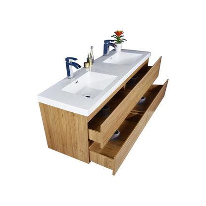 Moreno Bath Bohemia Lina 84" Nature Oak Wall-Mounted Vanity With Double Reinforced White Acrylic Sinks