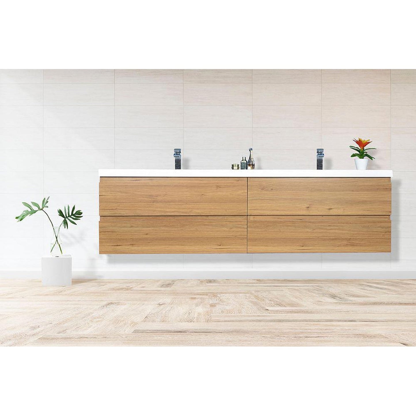 Moreno Bath Bohemia Lina 84" Nature Oak Wall-Mounted Vanity With Double Reinforced White Acrylic Sinks