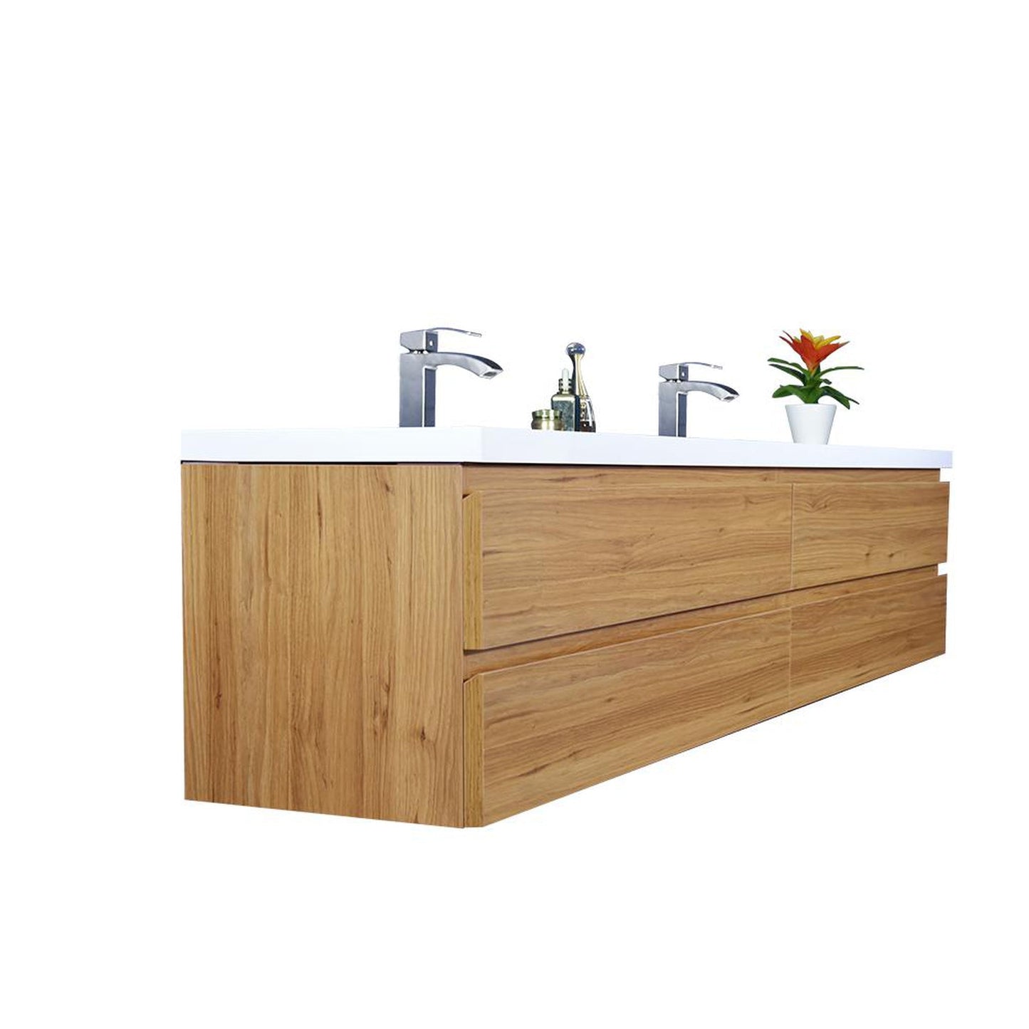 Moreno Bath Bohemia Lina 84" Nature Oak Wall-Mounted Vanity With Double Reinforced White Acrylic Sinks