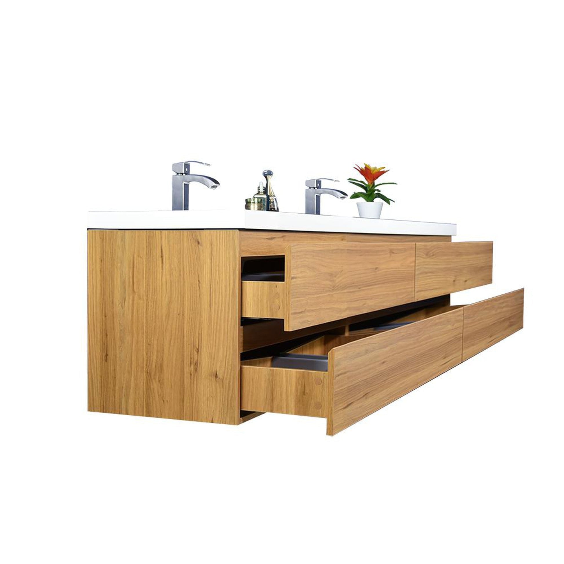 Moreno Bath Bohemia Lina 84" Nature Oak Wall-Mounted Vanity With Double Reinforced White Acrylic Sinks