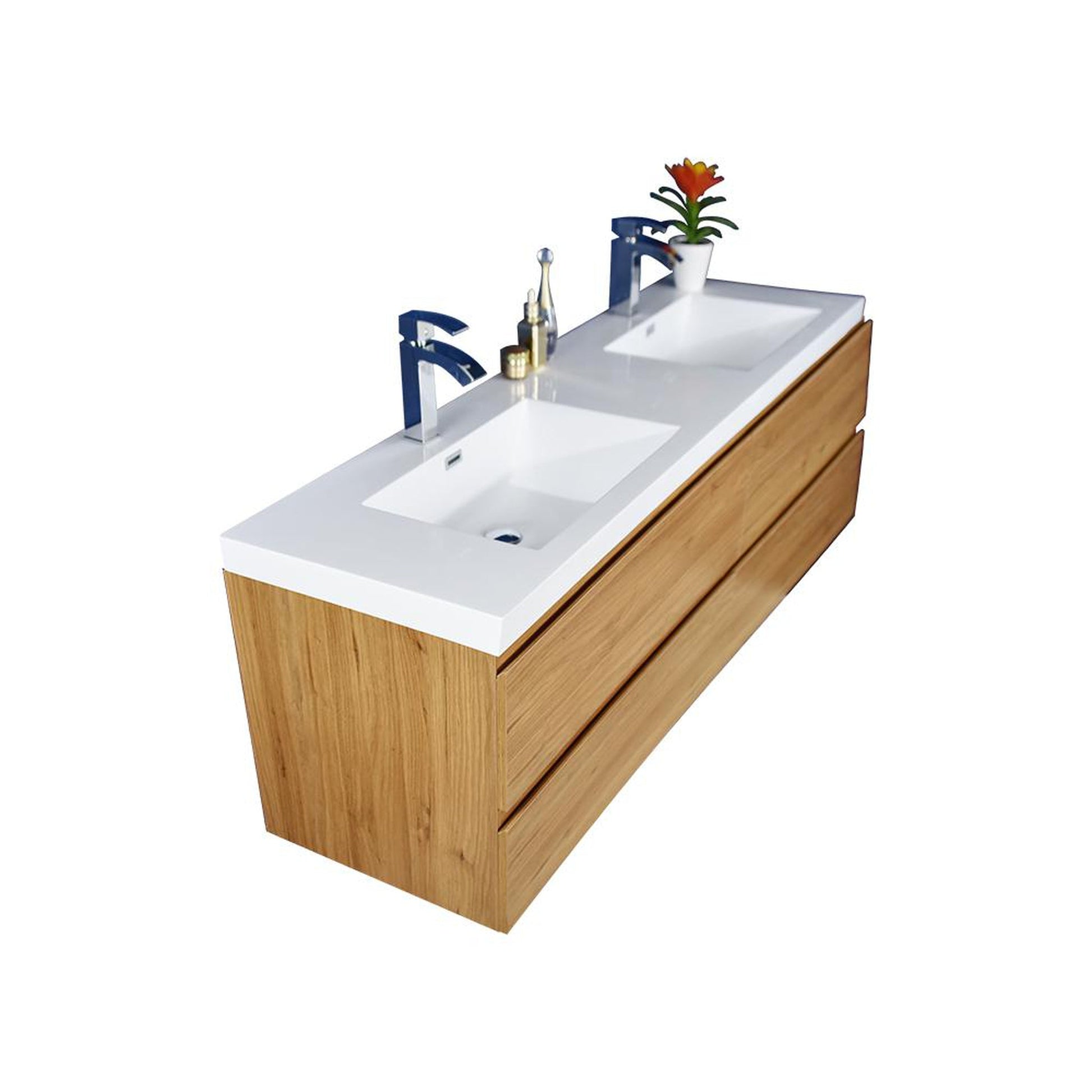 Moreno Bath Bohemia Lina 84" Nature Oak Wall-Mounted Vanity With Double Reinforced White Acrylic Sinks