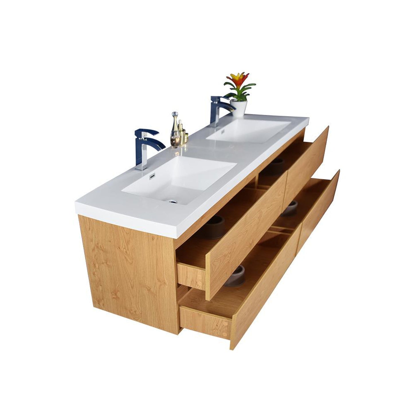 Moreno Bath Bohemia Lina 84" New England Oak Wall-Mounted Vanity With Double Reinforced White Acrylic Sinks