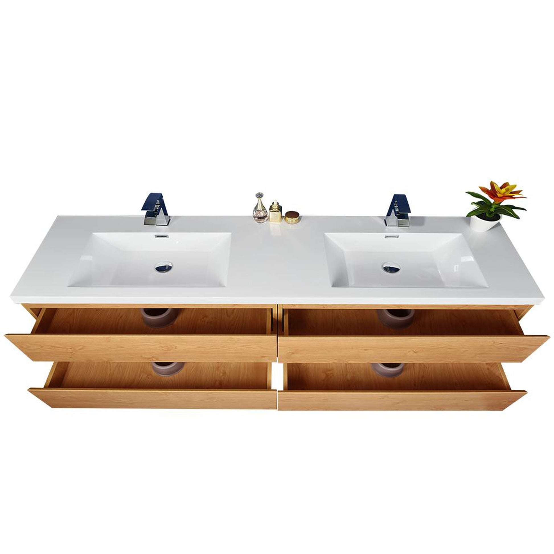 Moreno Bath Bohemia Lina 84" New England Oak Wall-Mounted Vanity With Double Reinforced White Acrylic Sinks