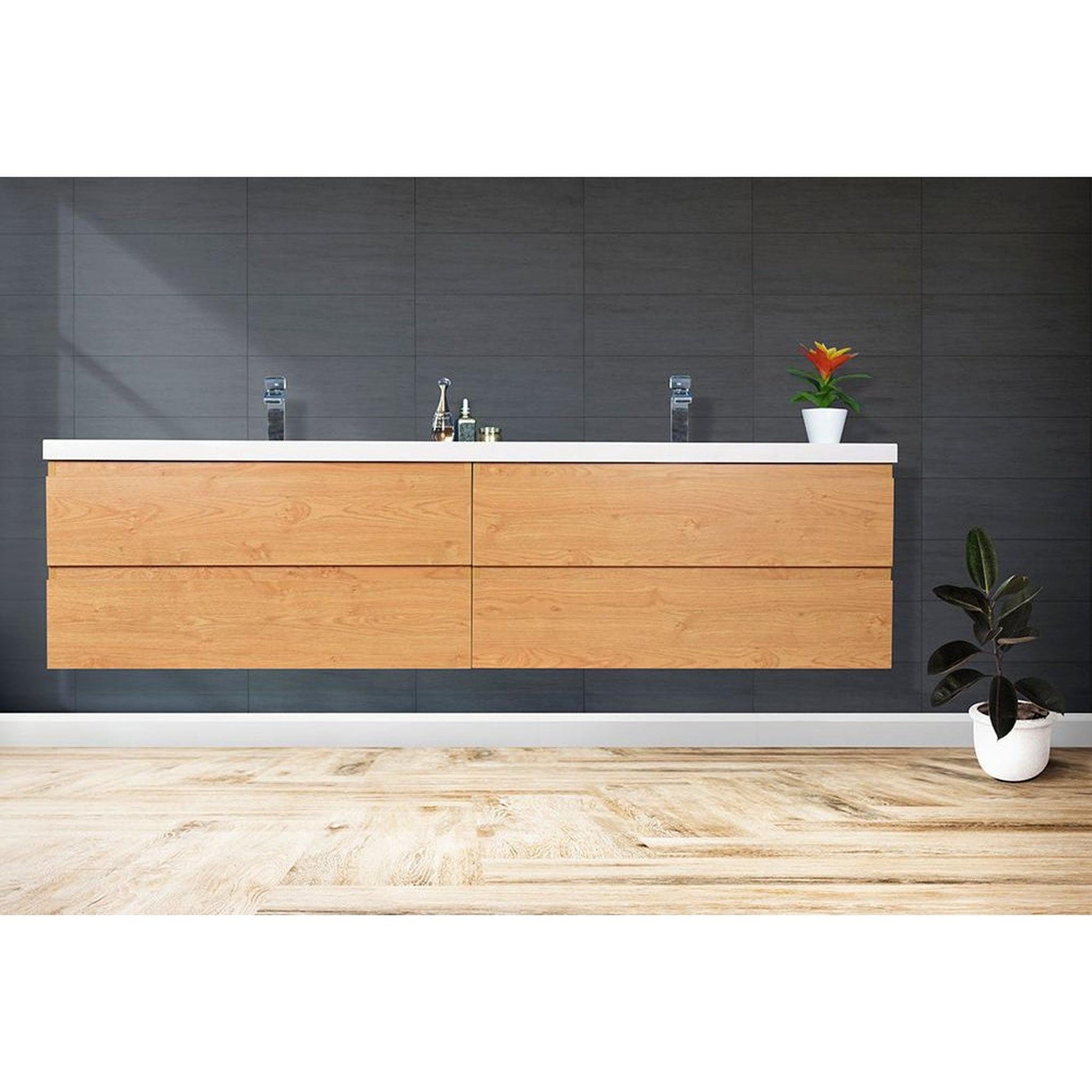 Moreno Bath Bohemia Lina 84" New England Oak Wall-Mounted Vanity With Double Reinforced White Acrylic Sinks