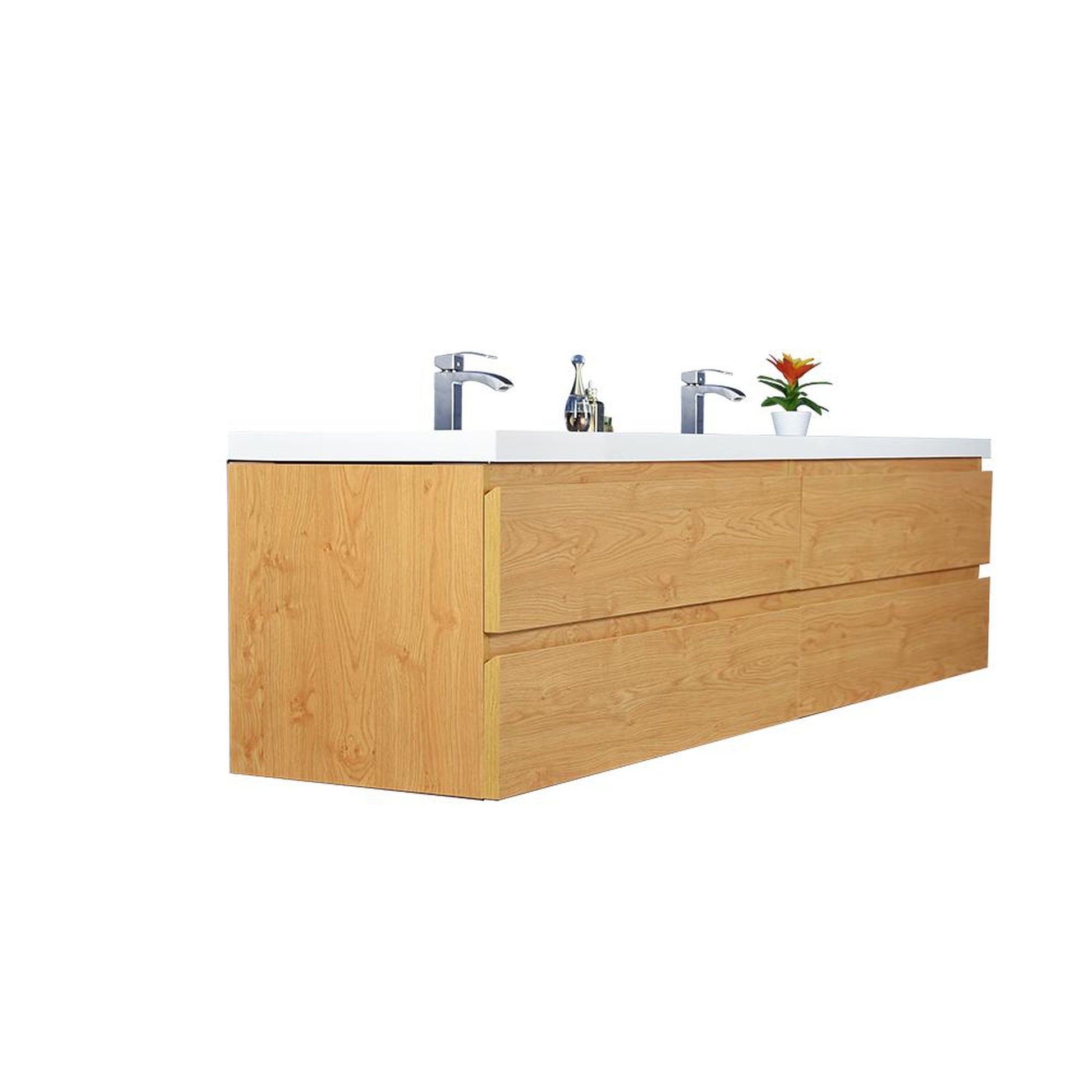 Moreno Bath Bohemia Lina 84" New England Oak Wall-Mounted Vanity With Double Reinforced White Acrylic Sinks