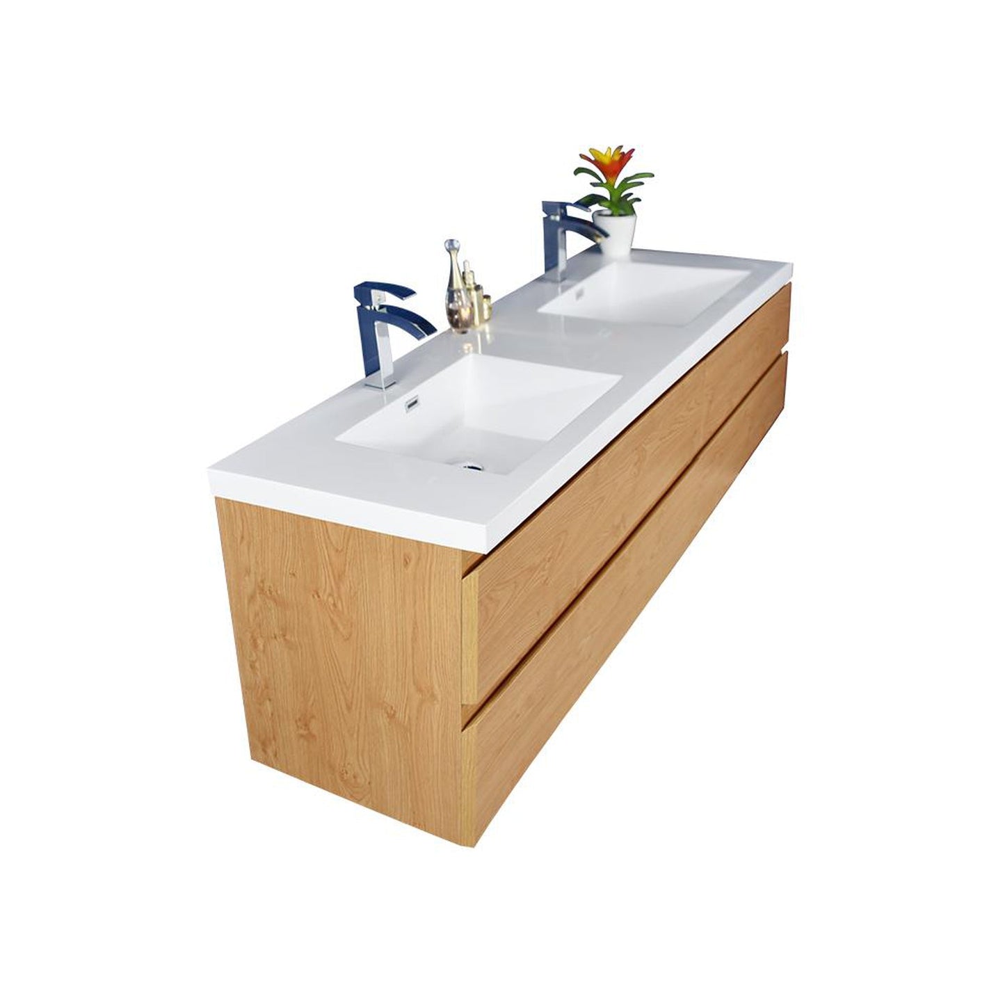 Moreno Bath Bohemia Lina 84" New England Oak Wall-Mounted Vanity With Double Reinforced White Acrylic Sinks