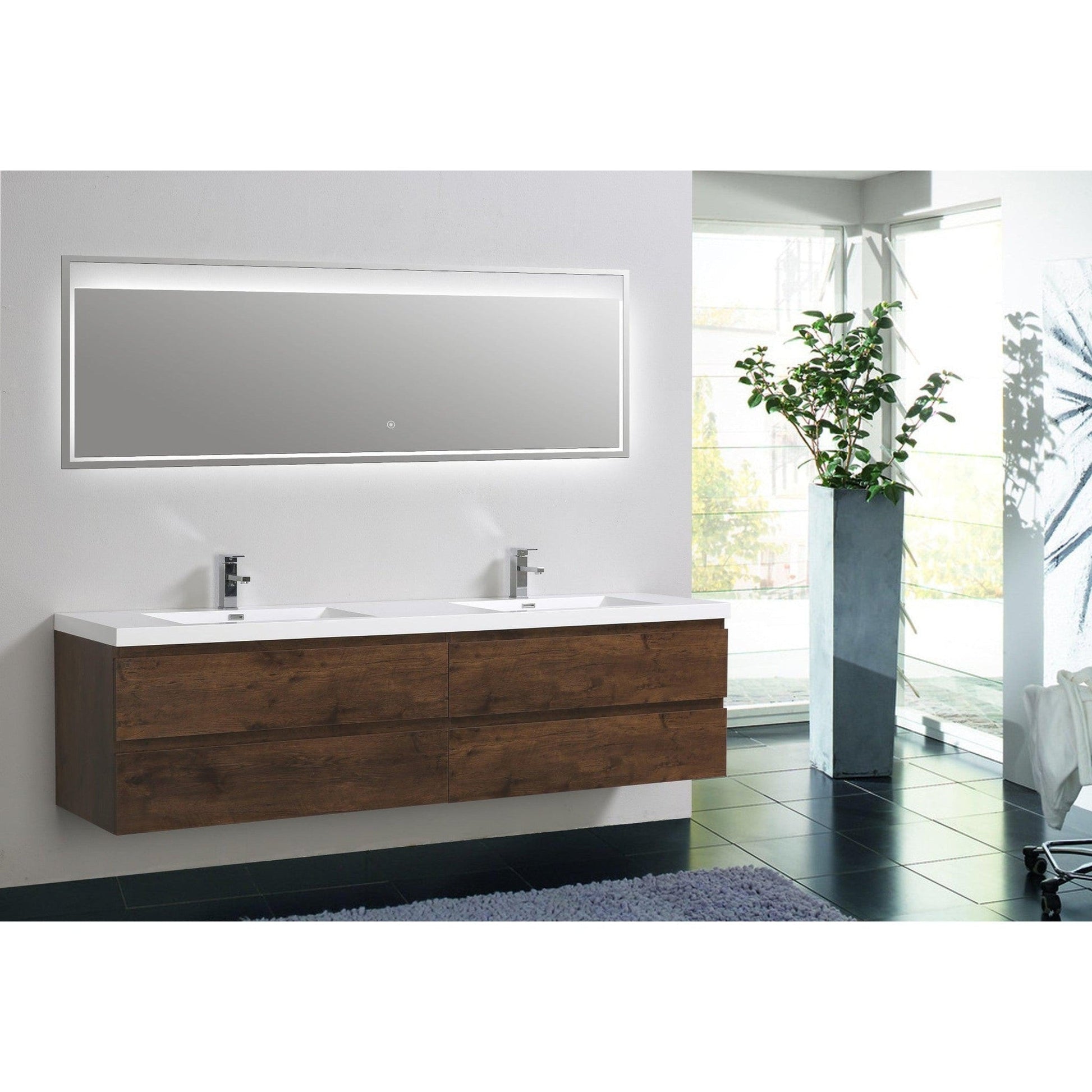 Moreno Bath Bohemia Lina 84" Rosewood Wall-Mounted Vanity With Double Reinforced White Acrylic Sinks