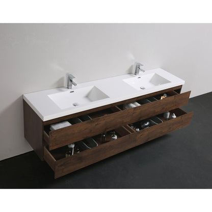 Moreno Bath Bohemia Lina 84" Rosewood Wall-Mounted Vanity With Double Reinforced White Acrylic Sinks