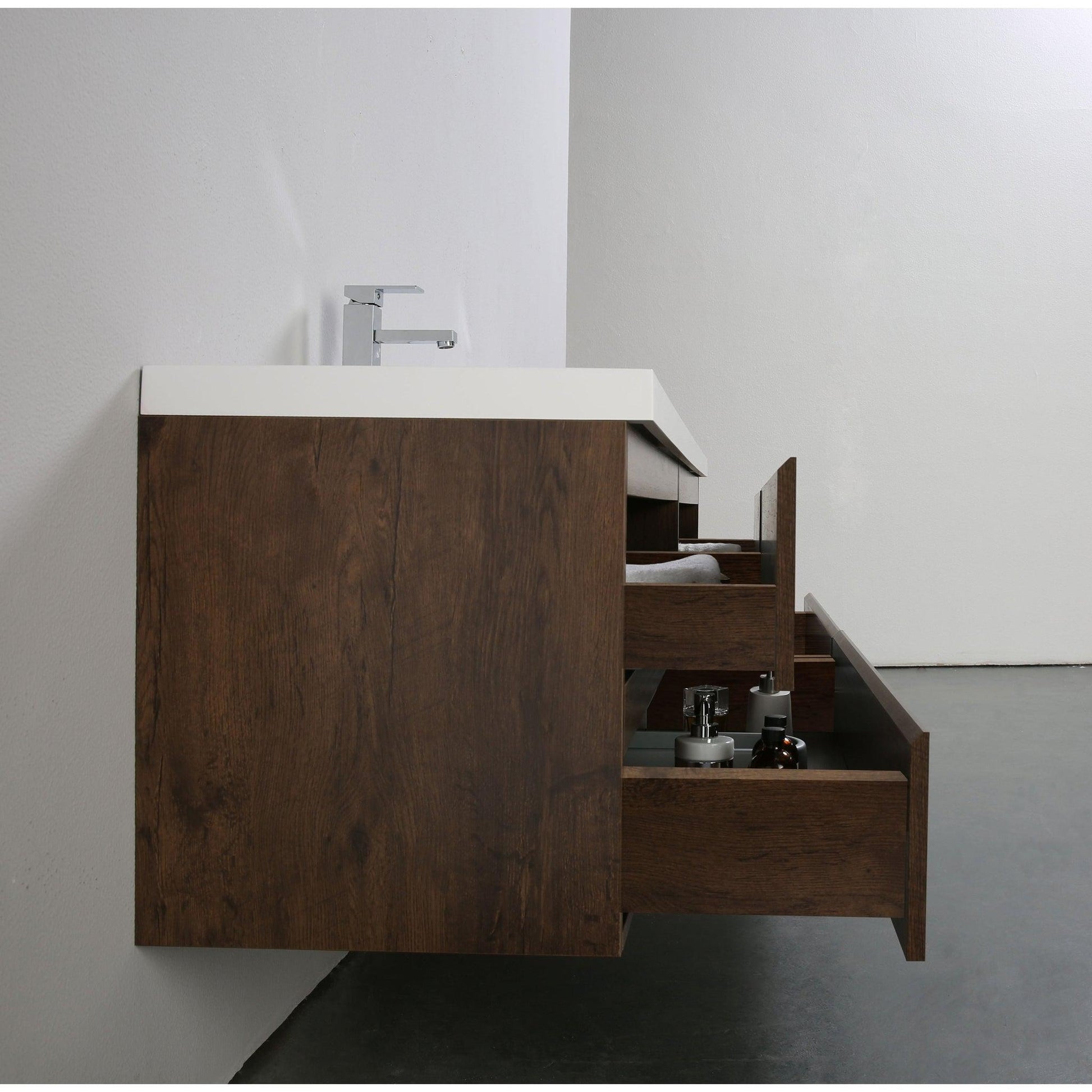 Moreno Bath Bohemia Lina 84" Rosewood Wall-Mounted Vanity With Double Reinforced White Acrylic Sinks