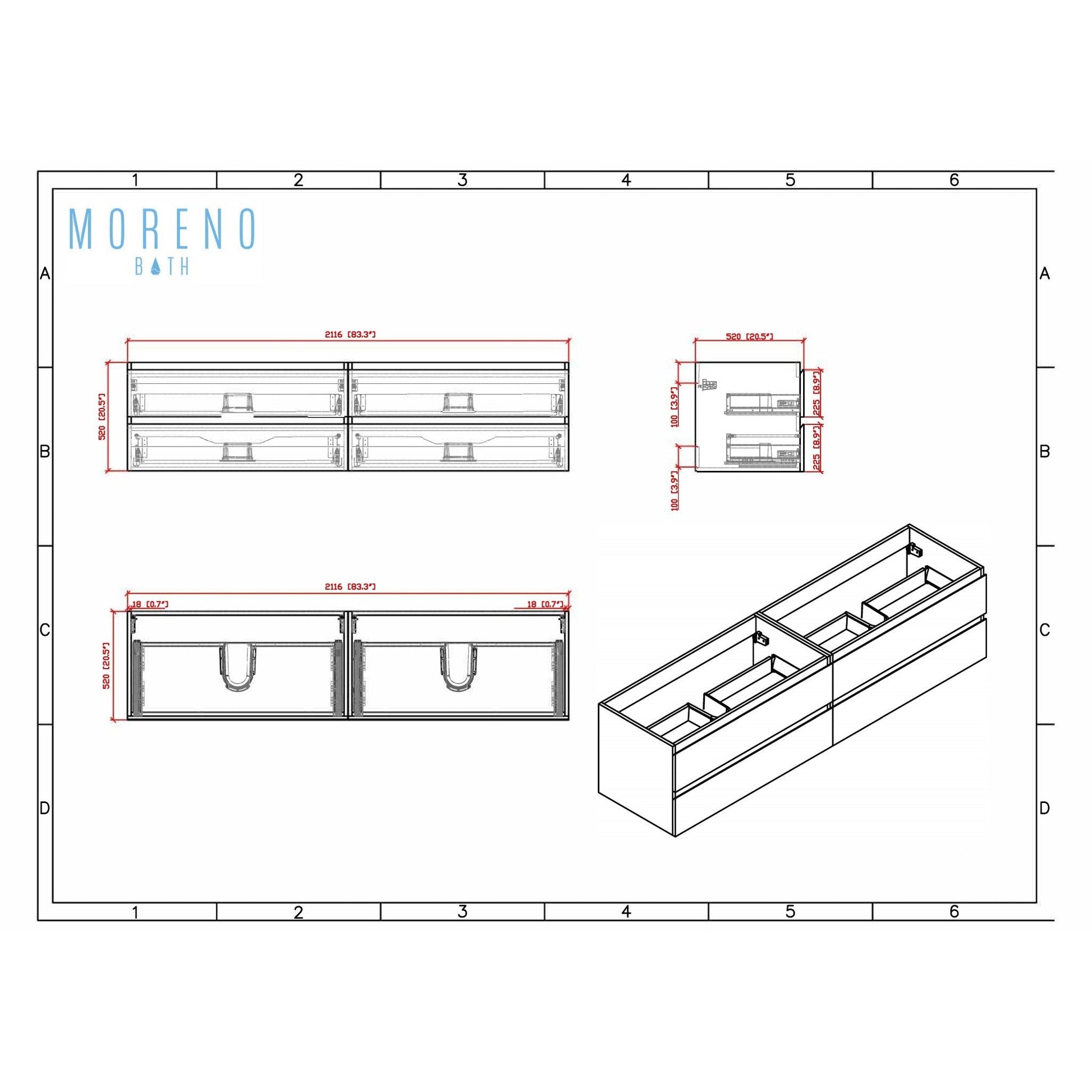 Moreno Bath Bohemia Lina 84" Rosewood Wall-Mounted Vanity With Double Reinforced White Acrylic Sinks