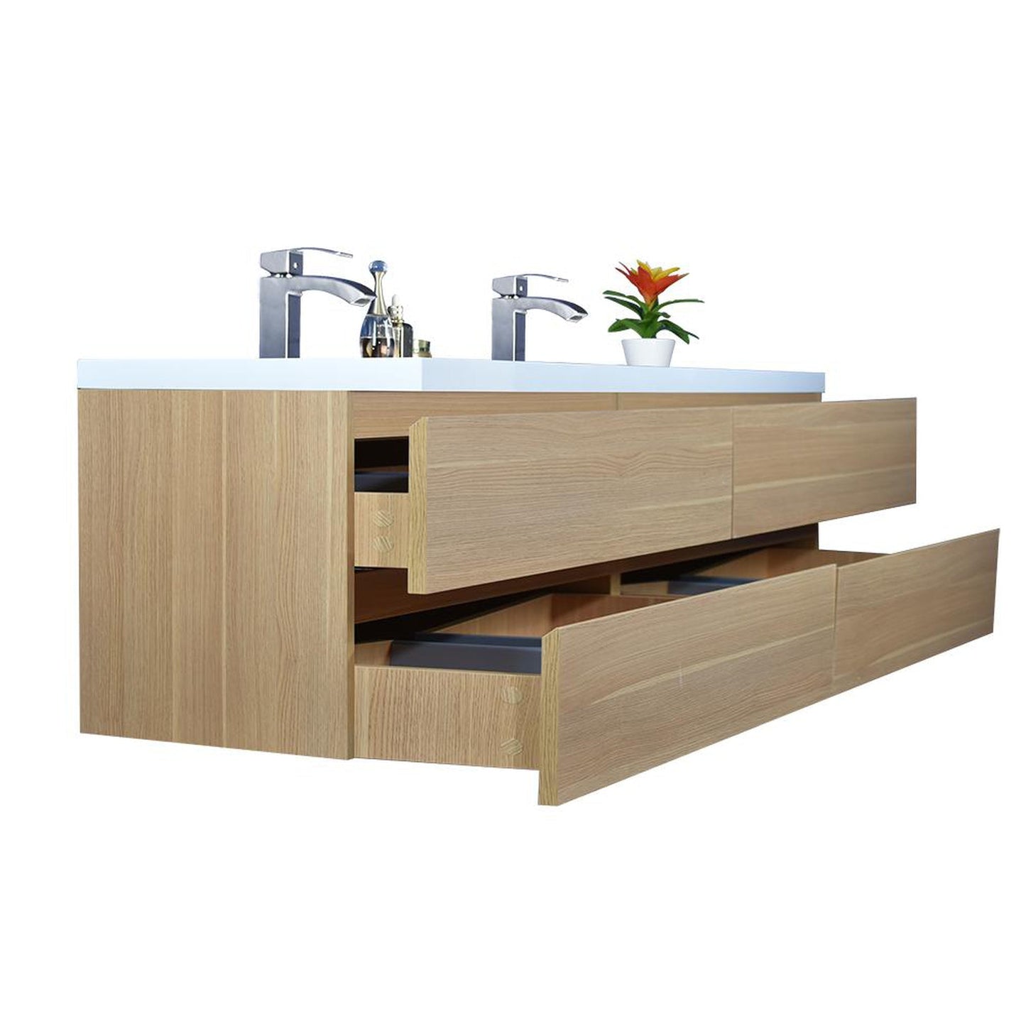 Moreno Bath Bohemia Lina 84" White Oak Wall-Mounted Vanity With Double Reinforced White Acrylic Sinks